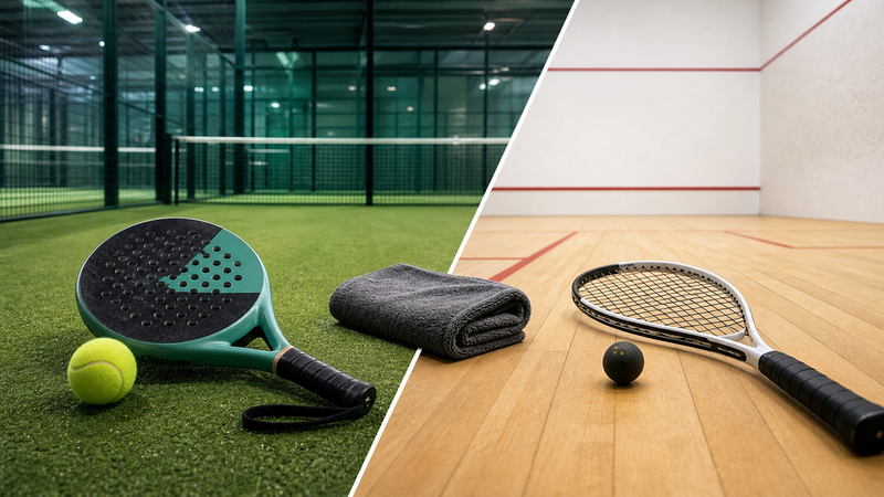 Padel versus squash featured image with split court and racket comparison