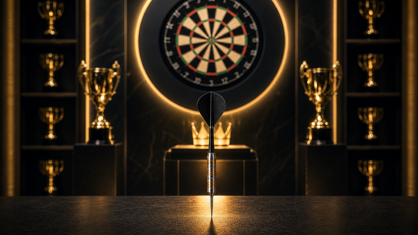 Darts number one featured image with trophy pedestal and dartboard