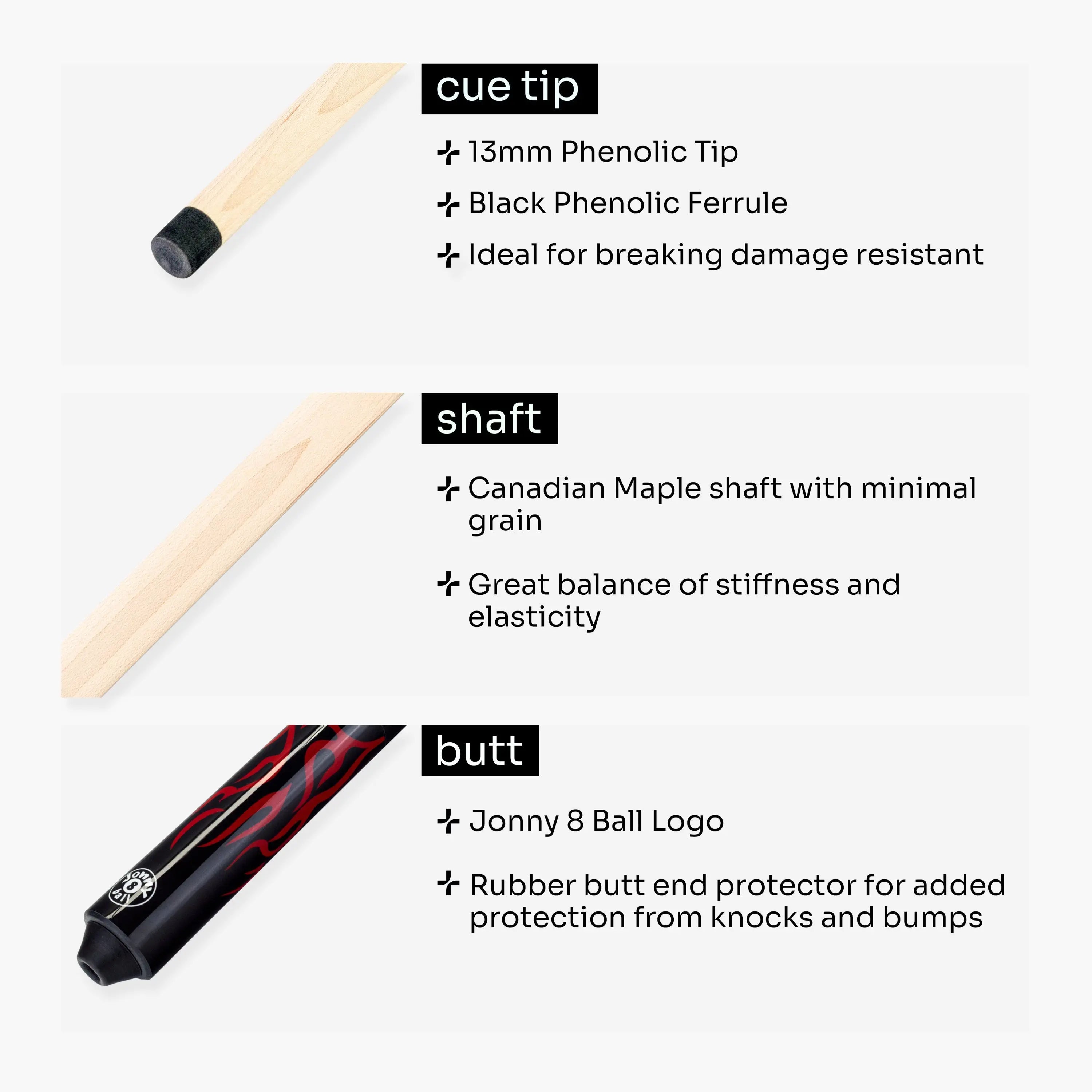 Jonny 8 Ball black American pool break cue Cue + Case