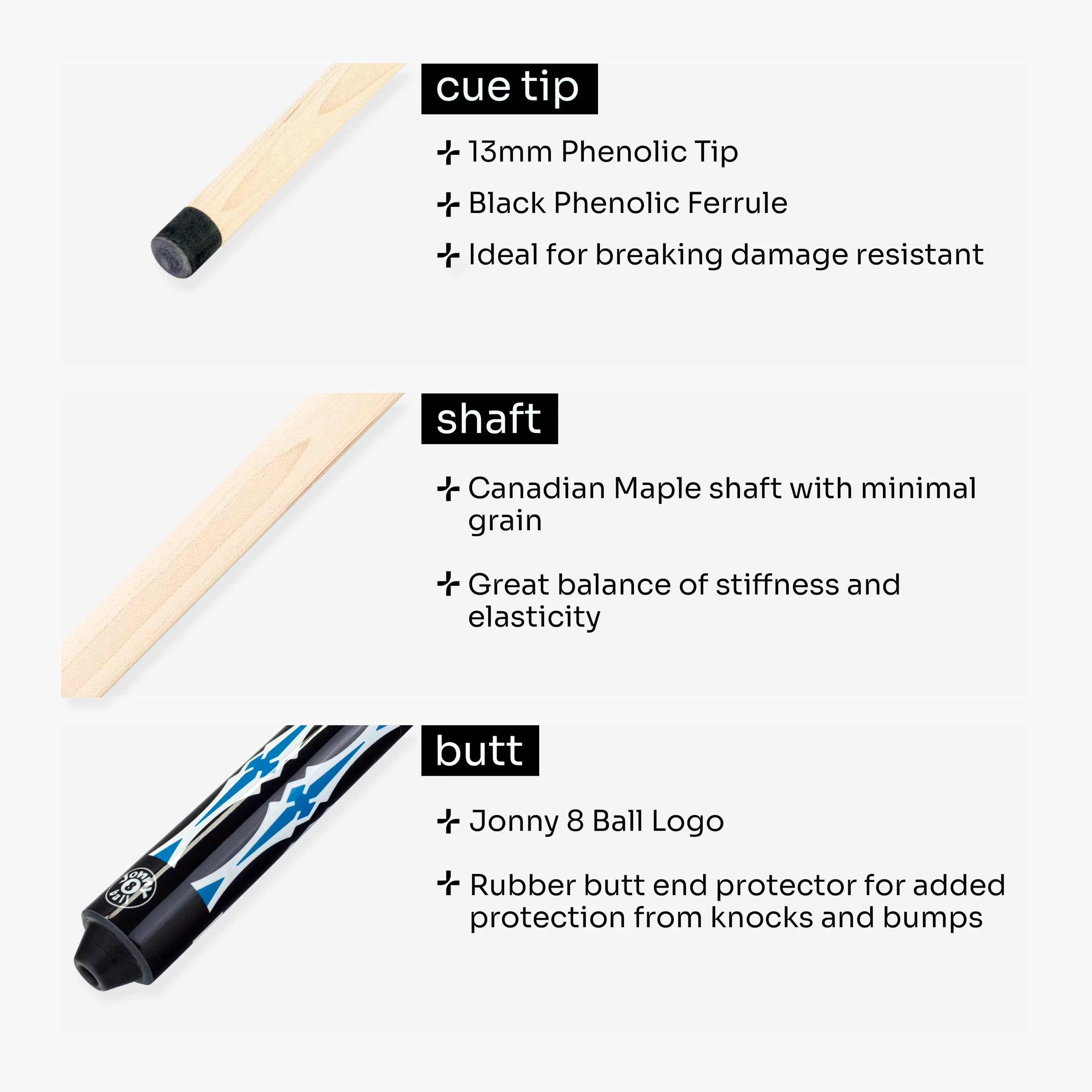 Jonny 8 Ball black American pool break cue Cue + Case