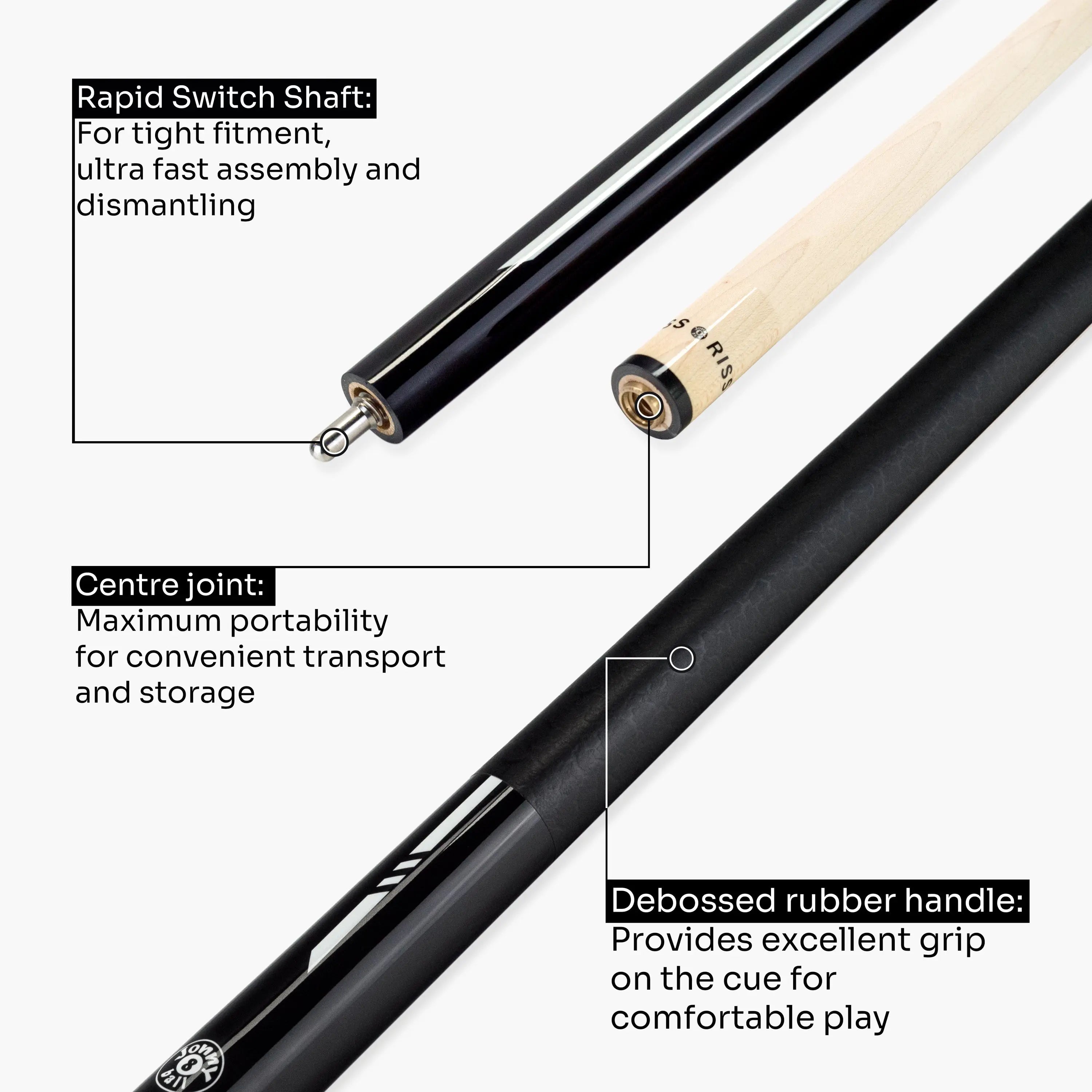 Jonny 8 Ball black American pool break cue Cue + Case