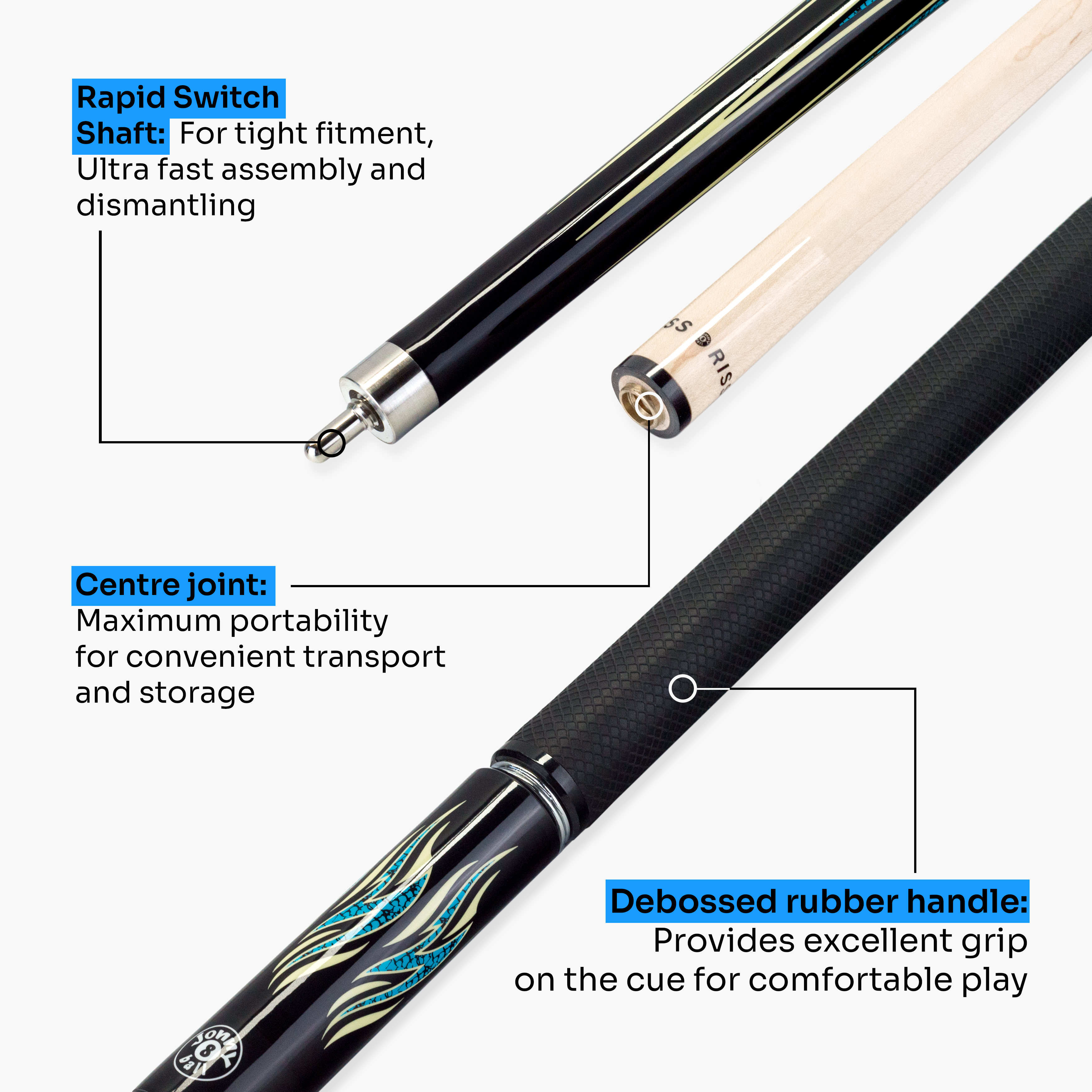 Jonny 8 Ball blue 58-inch American pool cue Cue + Case