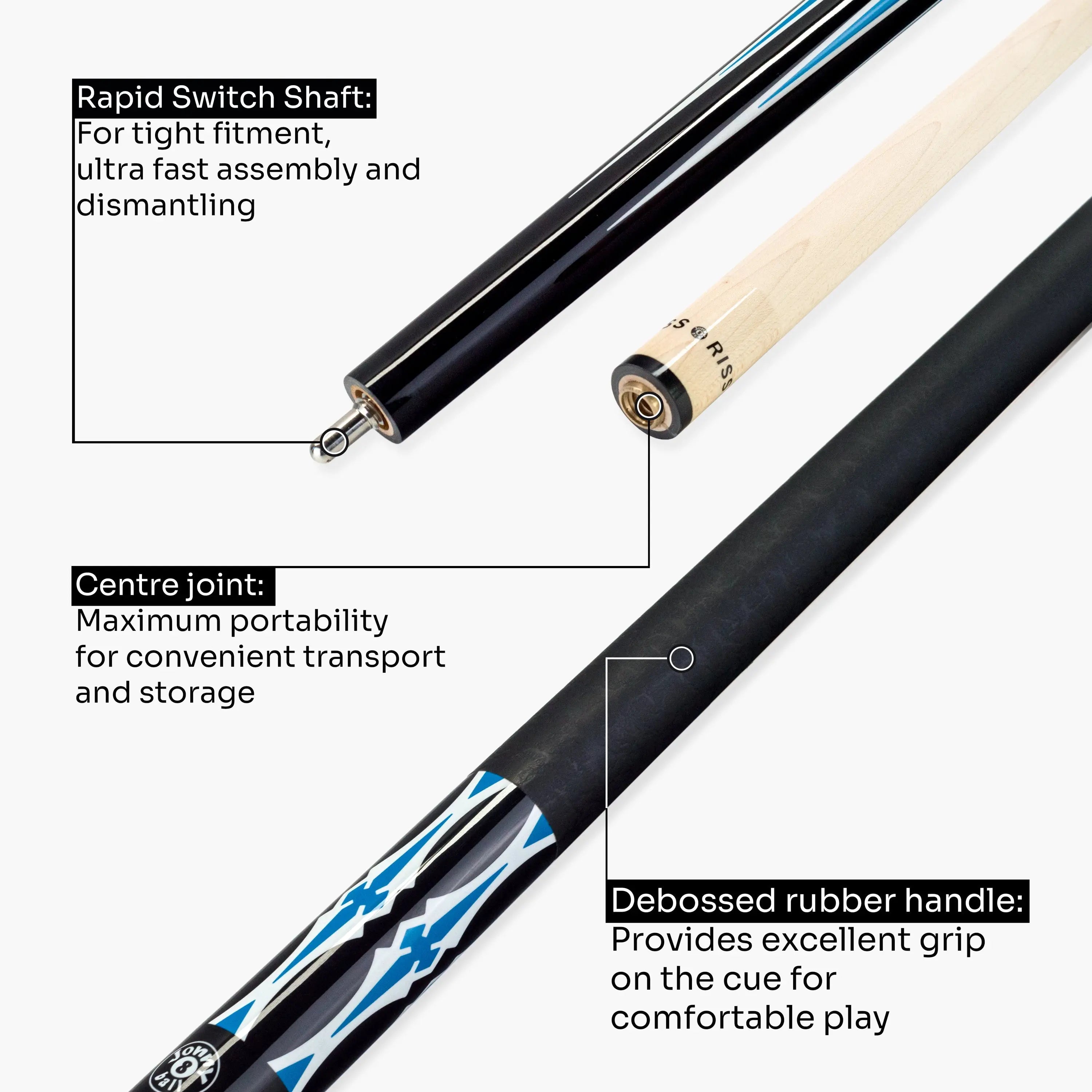Jonny 8 Ball black American pool break cue Cue + Case