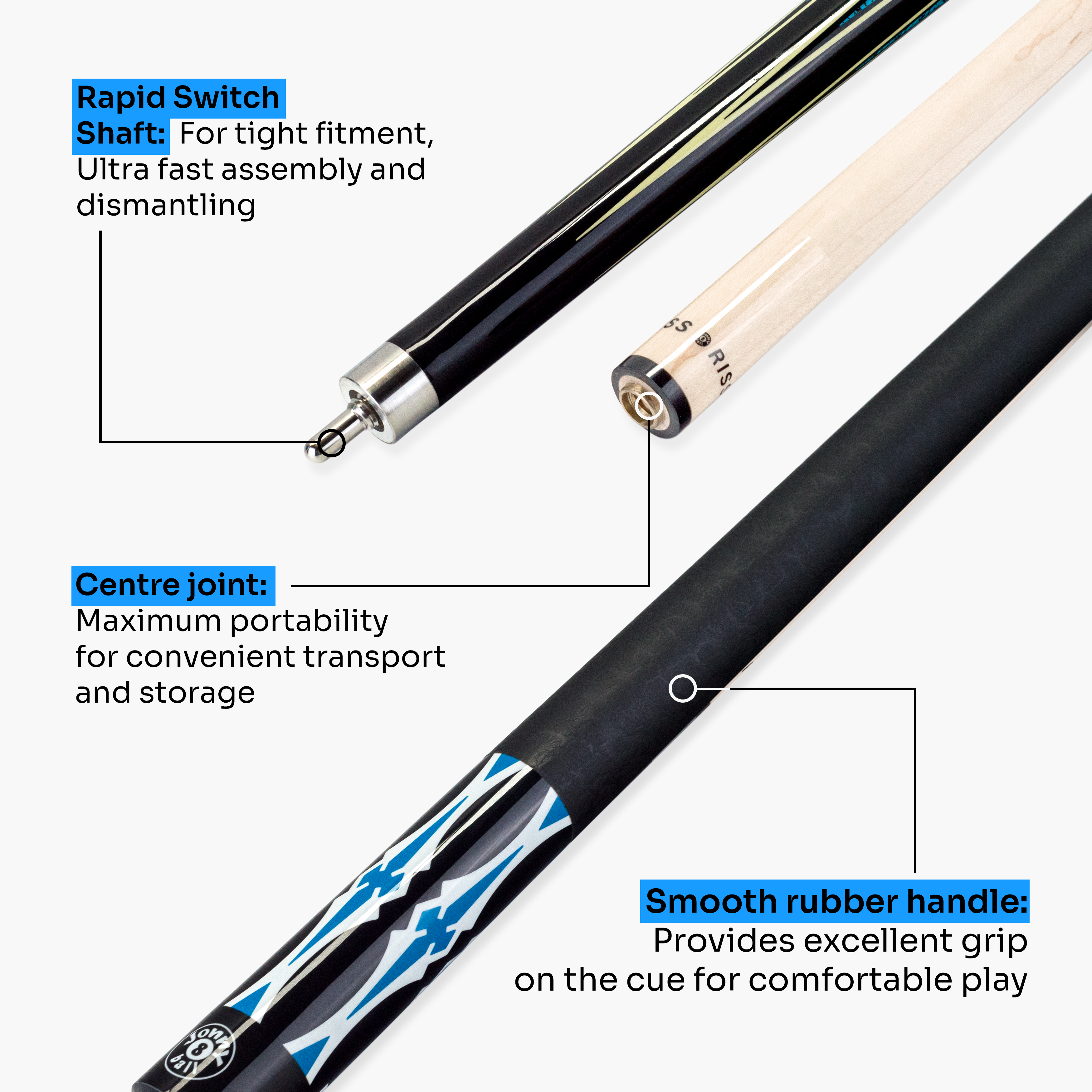 Jonny 8 Ball blue 58-inch American pool cue Cue + Case