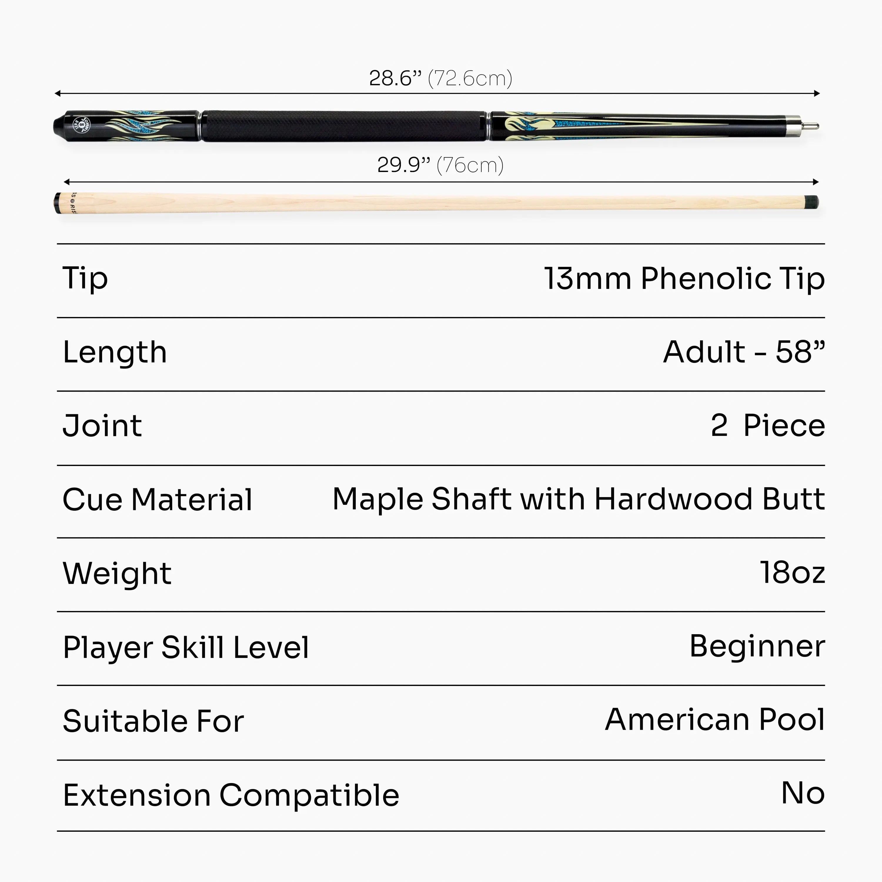 Jonny 8 Ball Aqua Riss American pool break jump cue Cue + Case