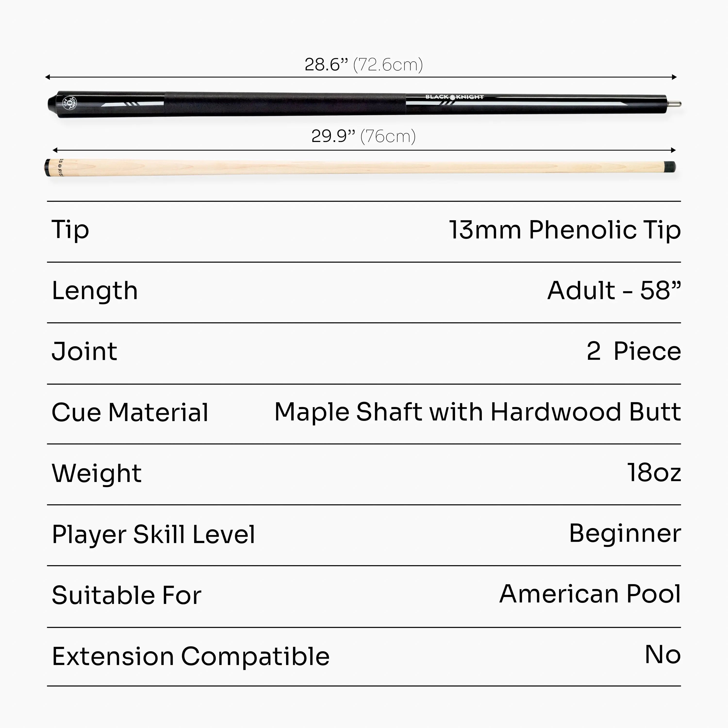 Jonny 8 Ball black American pool break cue Cue + Case