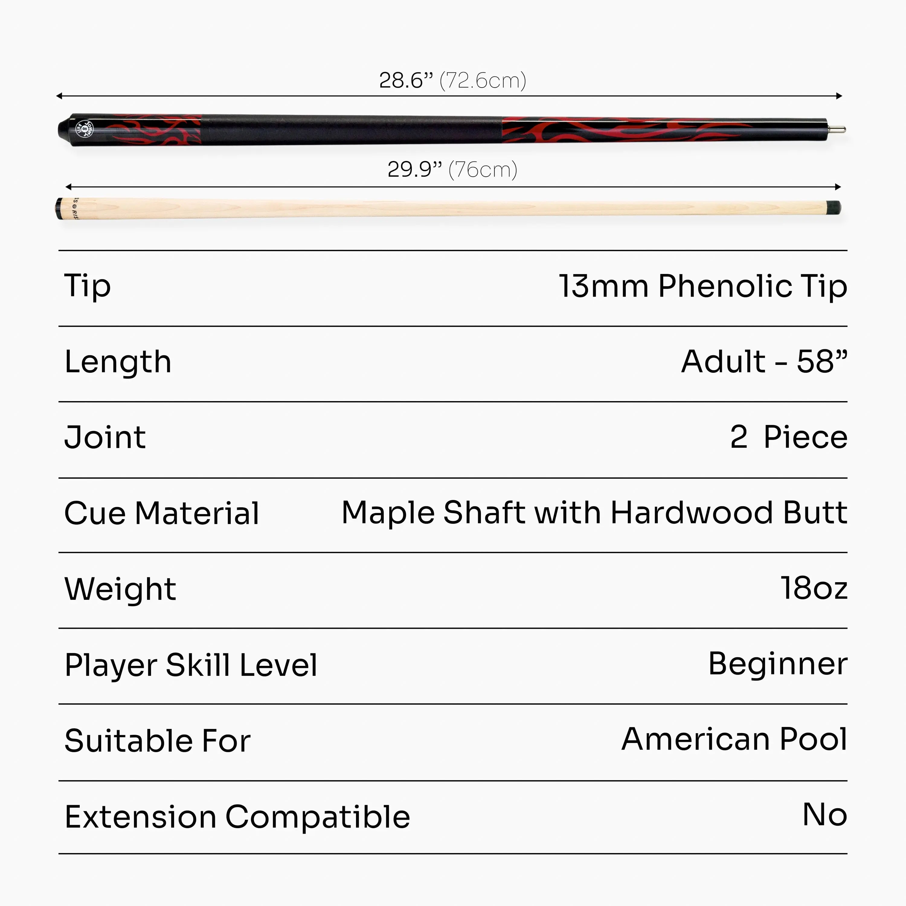 Jonny 8 Ball black American pool break cue Cue + Case