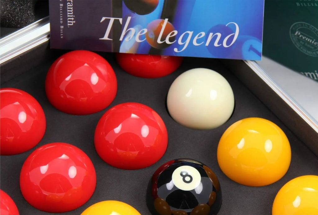 Aramith Premier red and yellow 2-inch pool balls with case Cue + Case