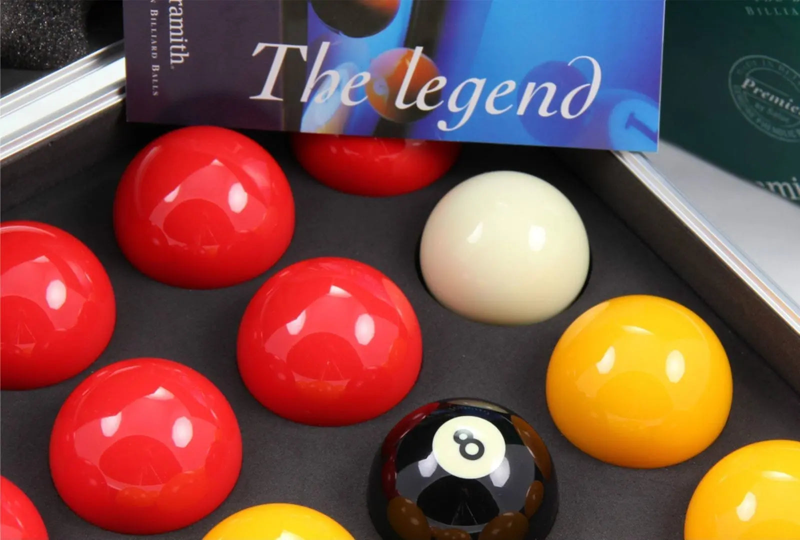 Aramith Premier red and yellow 2-inch pool balls with case Cue + Case