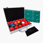 Aramith Premier snooker balls with silver case and towel Cue + Case
