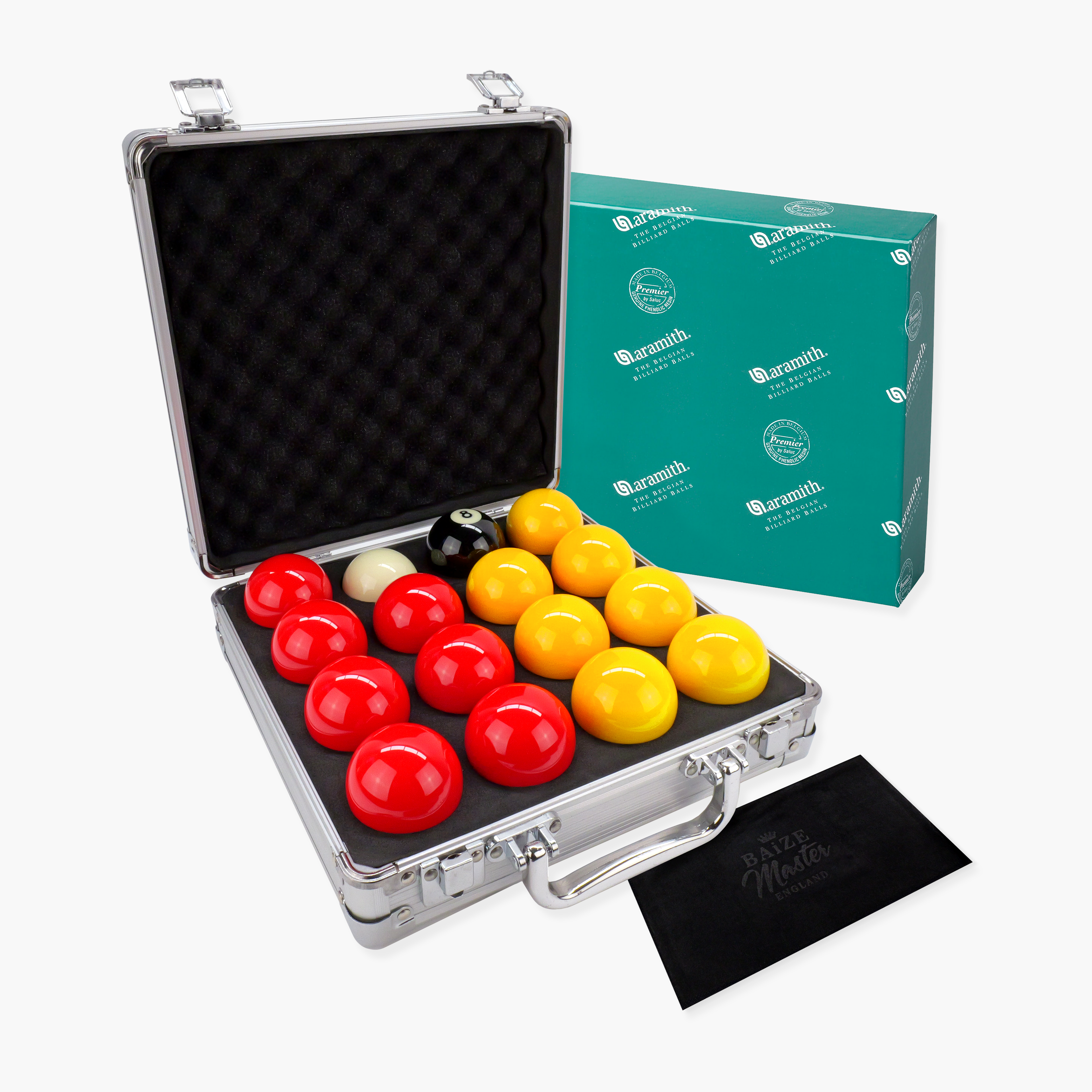 Aramith Premier red and yellow pool balls with case and towel Cue + Case