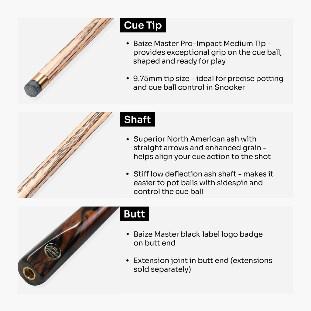 Baize Master Platinum Exotic Black Ivory snooker cue - 9.75mm tip Cue + Case