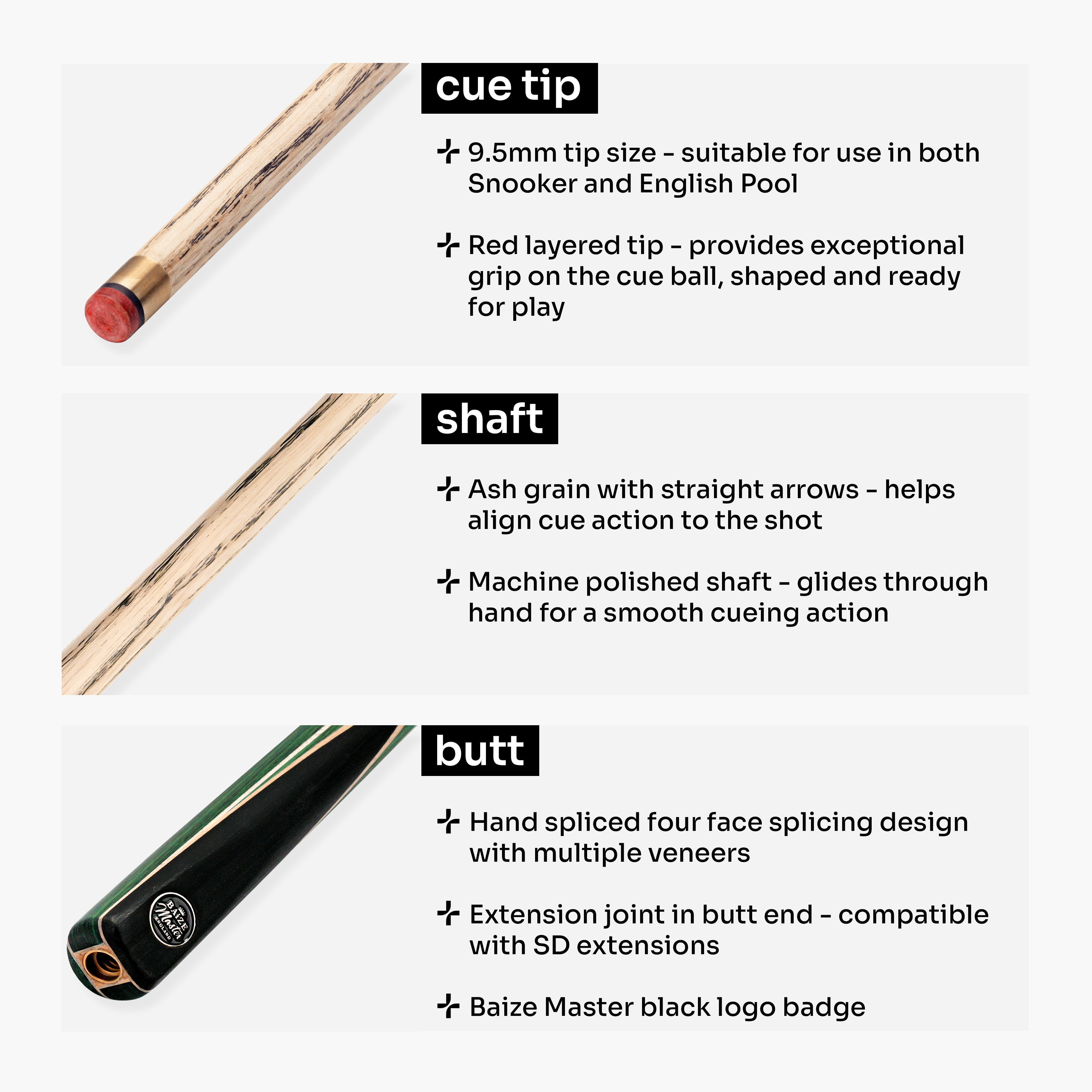 Baize Master Crucible cue and case set - 9.5mm tip Cue + Case