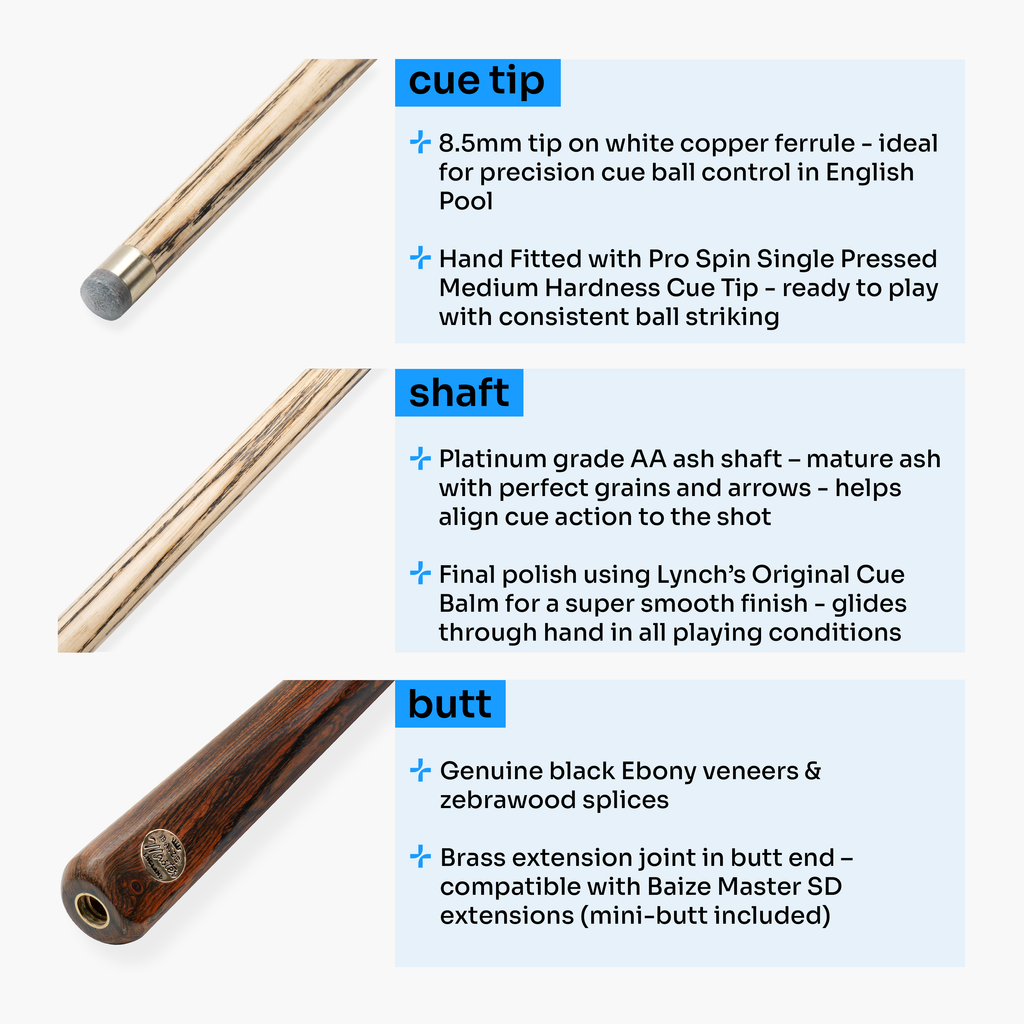 Baize Master Platinum Blue Flame 57-inch pool cue - 8.5mm tip Cue + Case