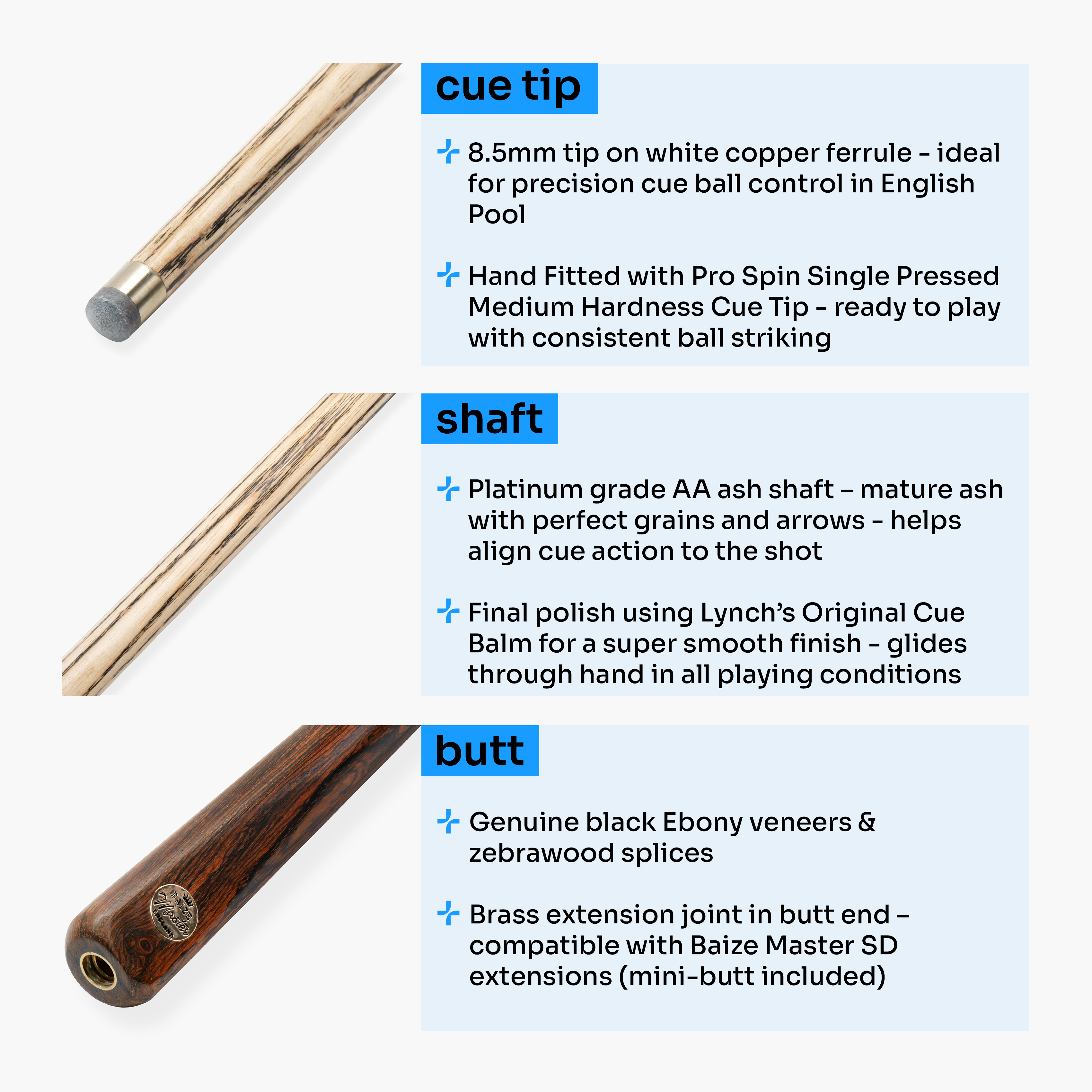 Baize Master Platinum Blue Flame 57-inch pool cue - 8.5mm tip Cue + Case
