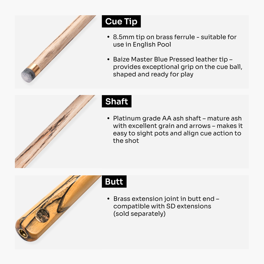 Baize Master Platinum Exotic Golden Concord pool cue - 8.5mm tip Cue + Case