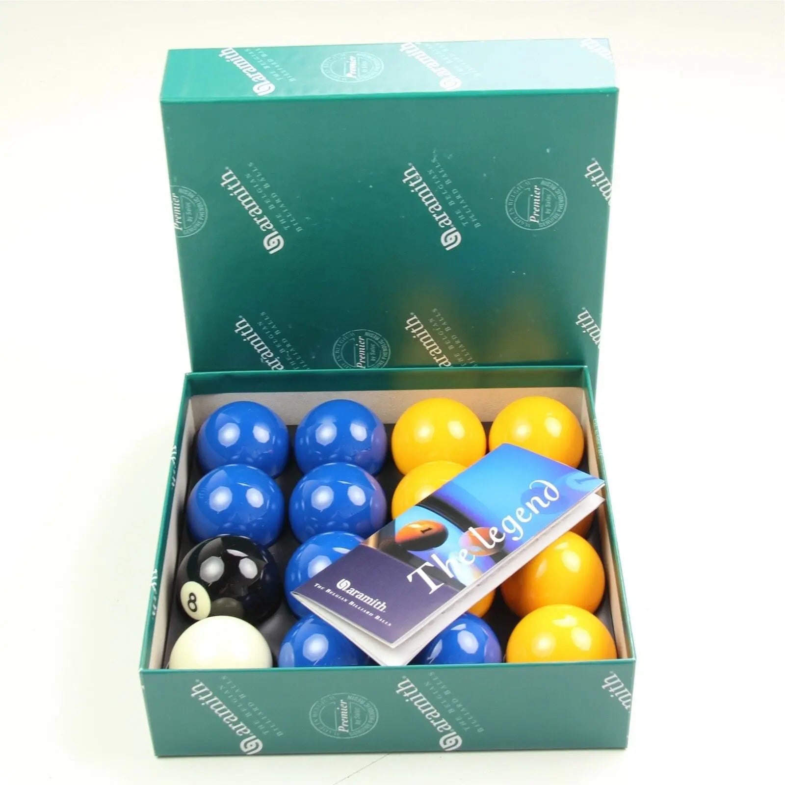 Aramith Premier blue and yellow 2-inch pool balls Cue + Case