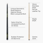 Jonny 8 Ball Geometric 57 Inch 2 Piece Snooker Pool Cue 10mm Tip Cue + Case