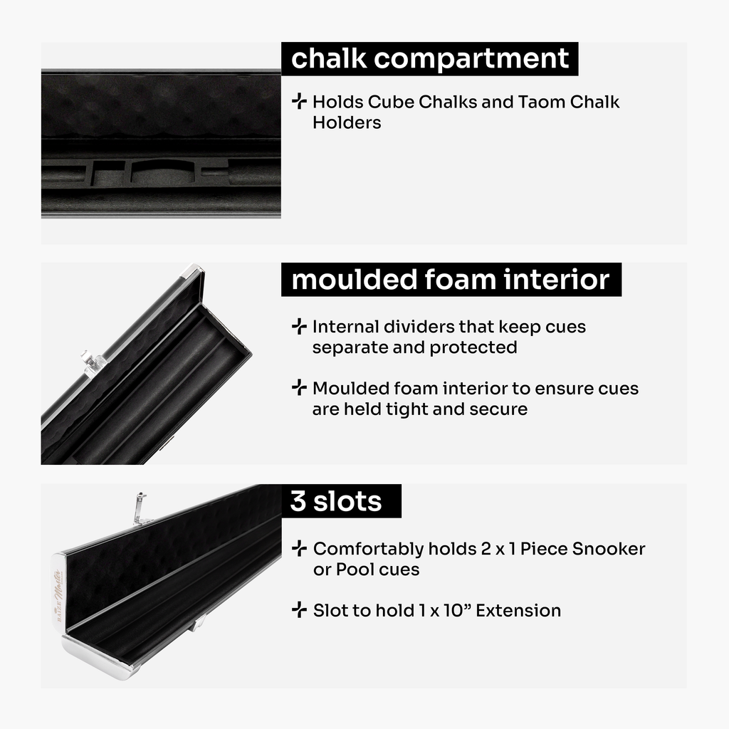 Baize Master Prestige Pro-Lock 1-piece metal cue case - 2 cues plus accessories Cue + Case