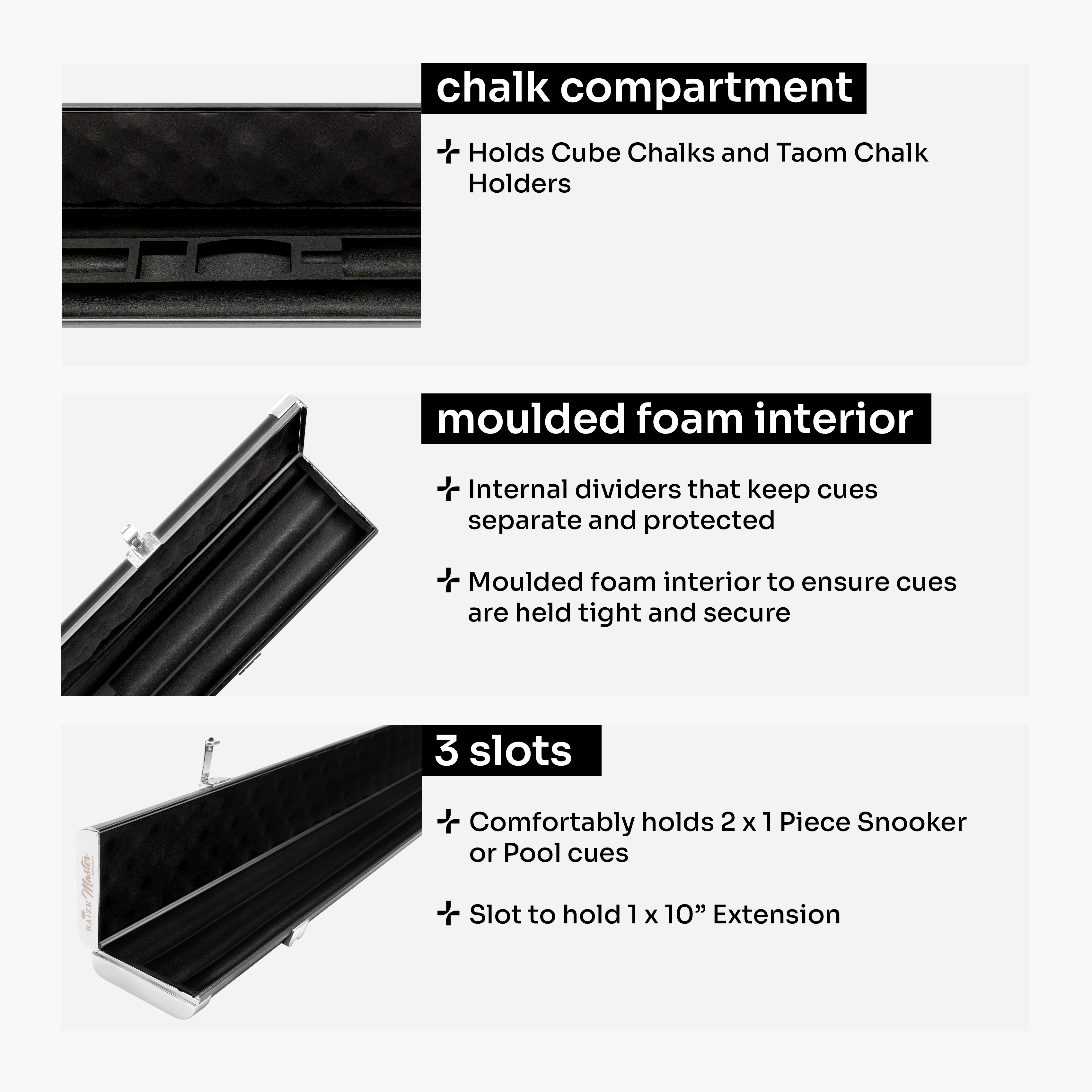 Baize Master Prestige Pro-Lock 1-piece metal cue case - 2 cues plus accessories Cue + Case