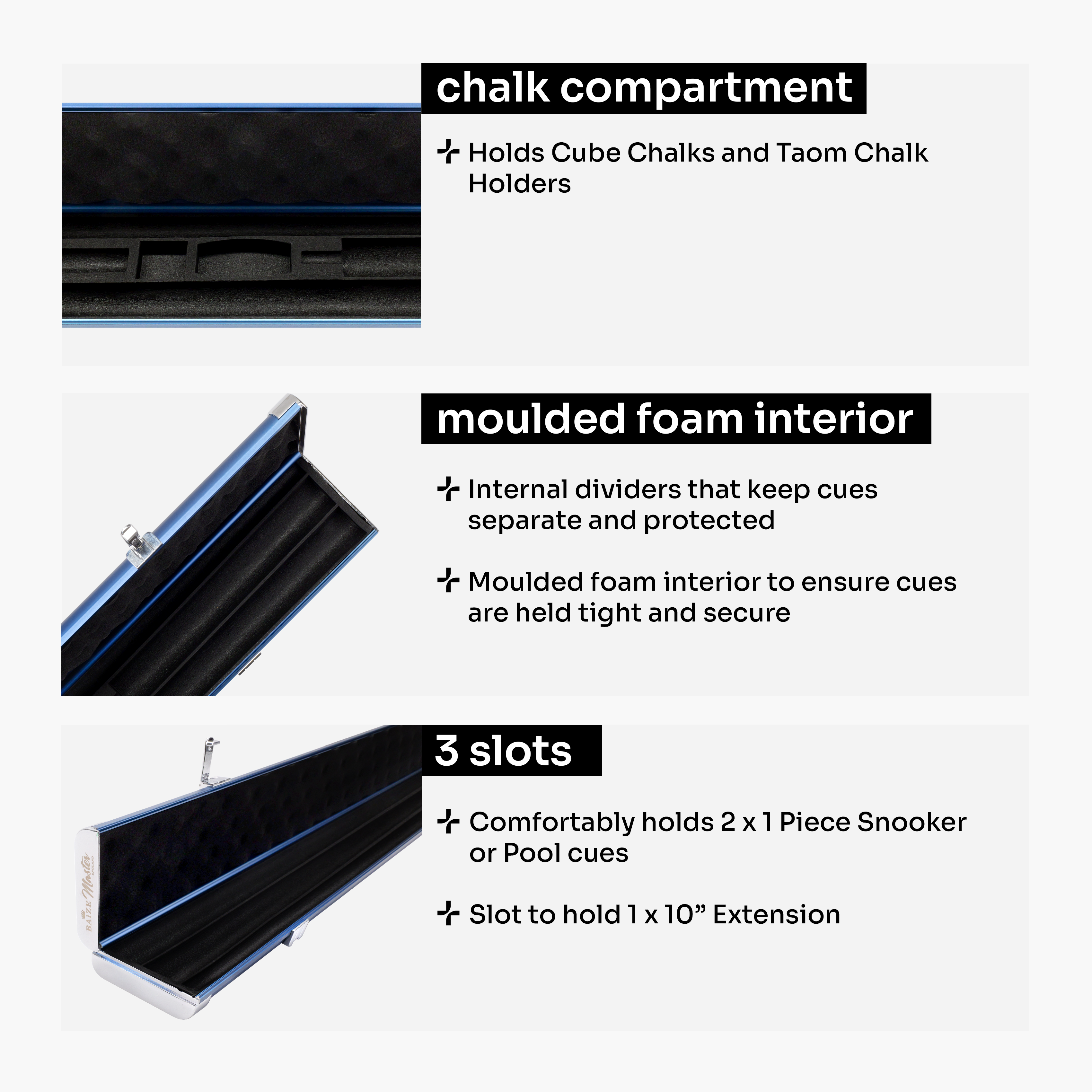 Baize Master Prestige Pro-Lock 1-piece metal cue case - 2 cues plus accessories Cue + Case
