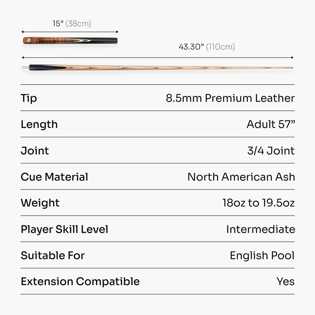 Baize Master Tiger Marksman ¾ Joint English Pool Cue with 8.5mm Baize Master Blue Pressed Tip Cue + Case