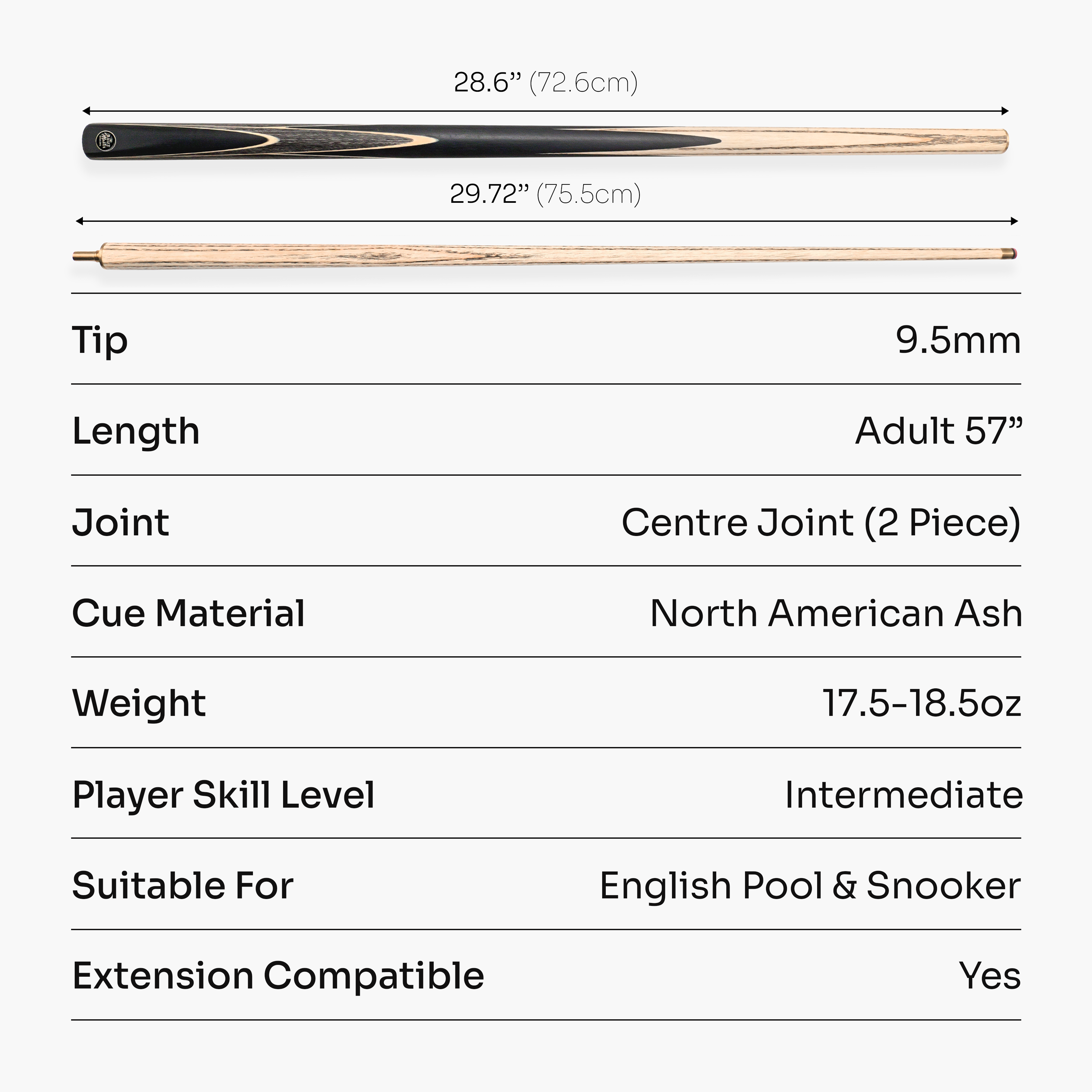 Baize Master Crucible 57-inch 2-piece cue - 9.5mm tip Cue + Case