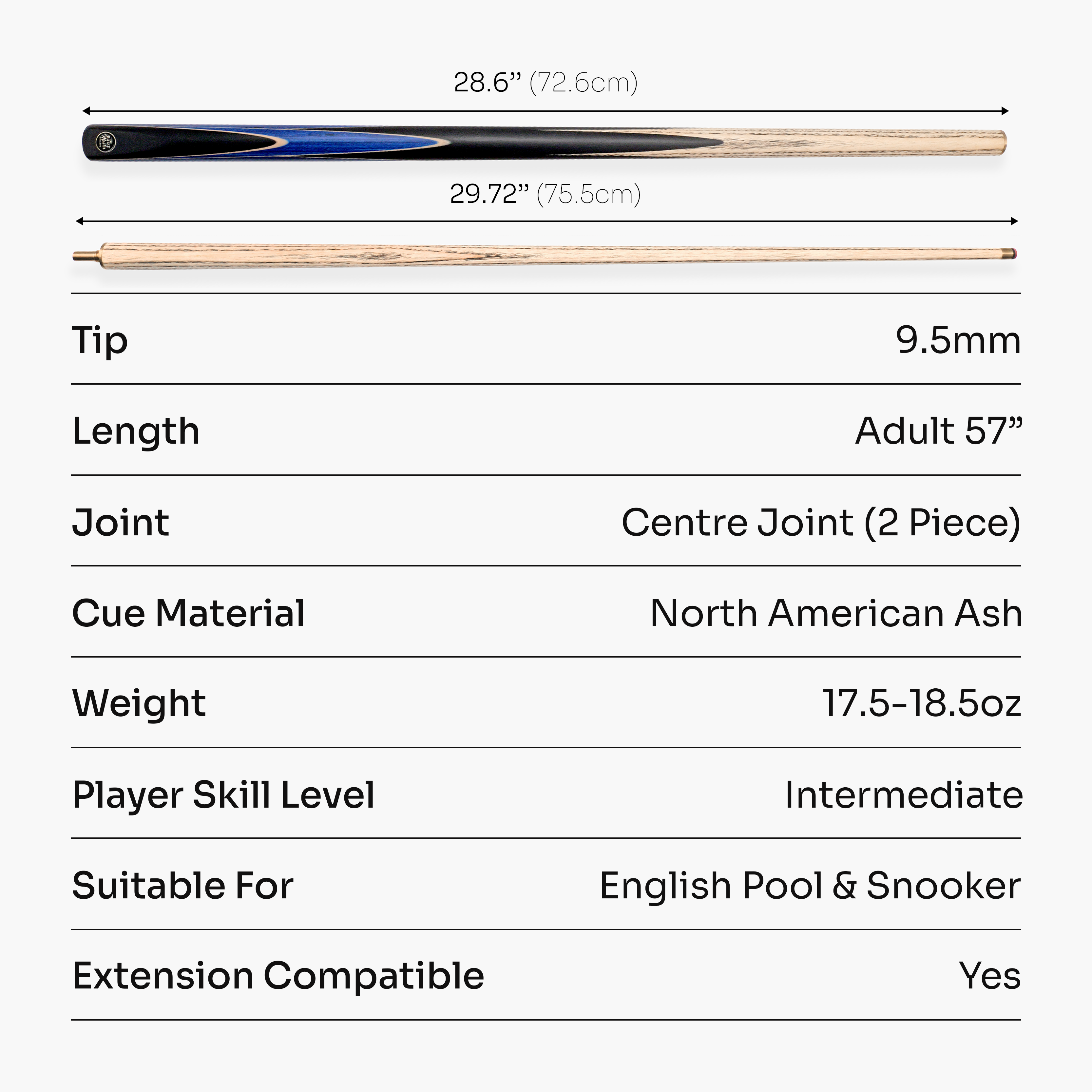 Baize Master Crucible 57-inch 2-piece cue - 9.5mm tip Cue + Case
