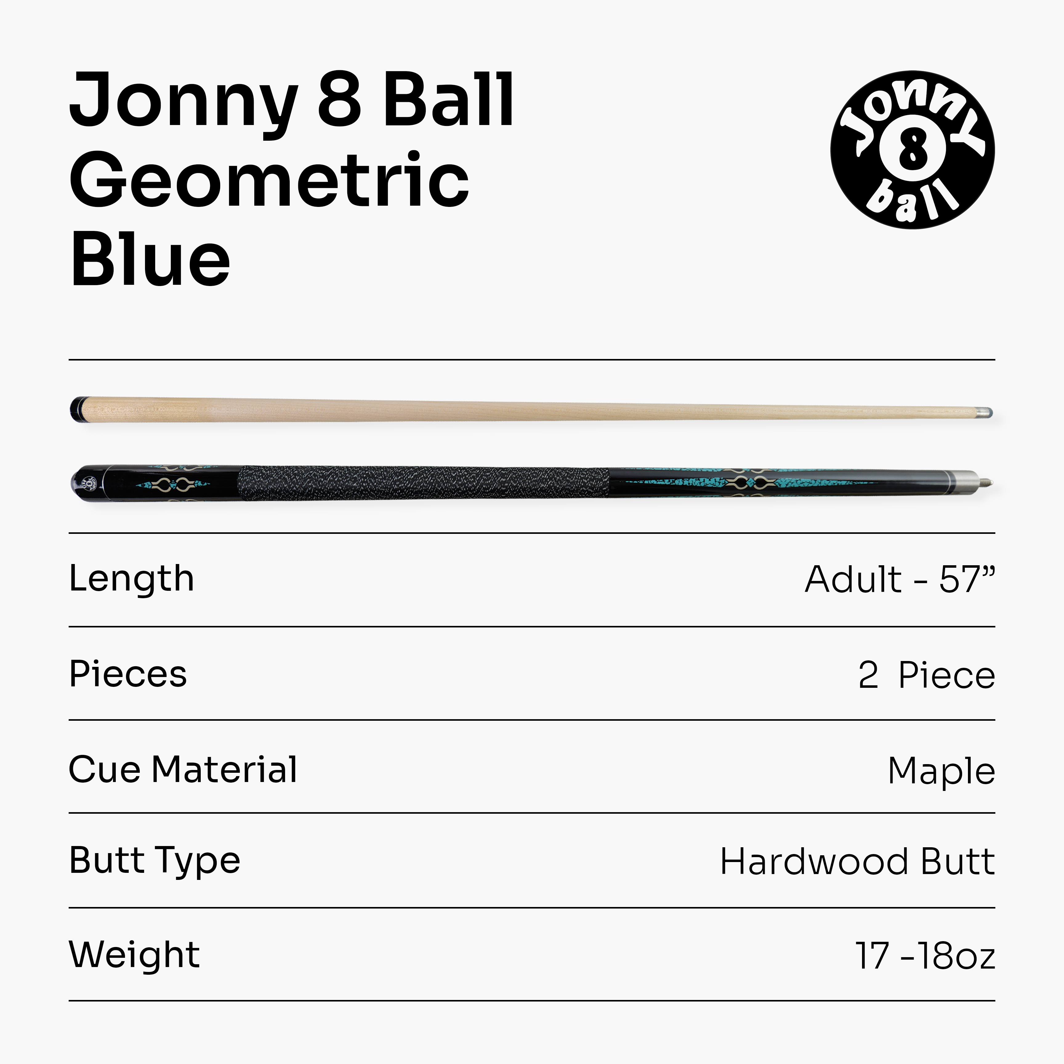 Jonny 8 Ball Geometric 57 Inch 2 Piece Snooker Pool Cue 10mm Tip Cue + Case
