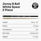Jonny 8 Ball White Spear 57-inch 2-piece cue Cue + Case