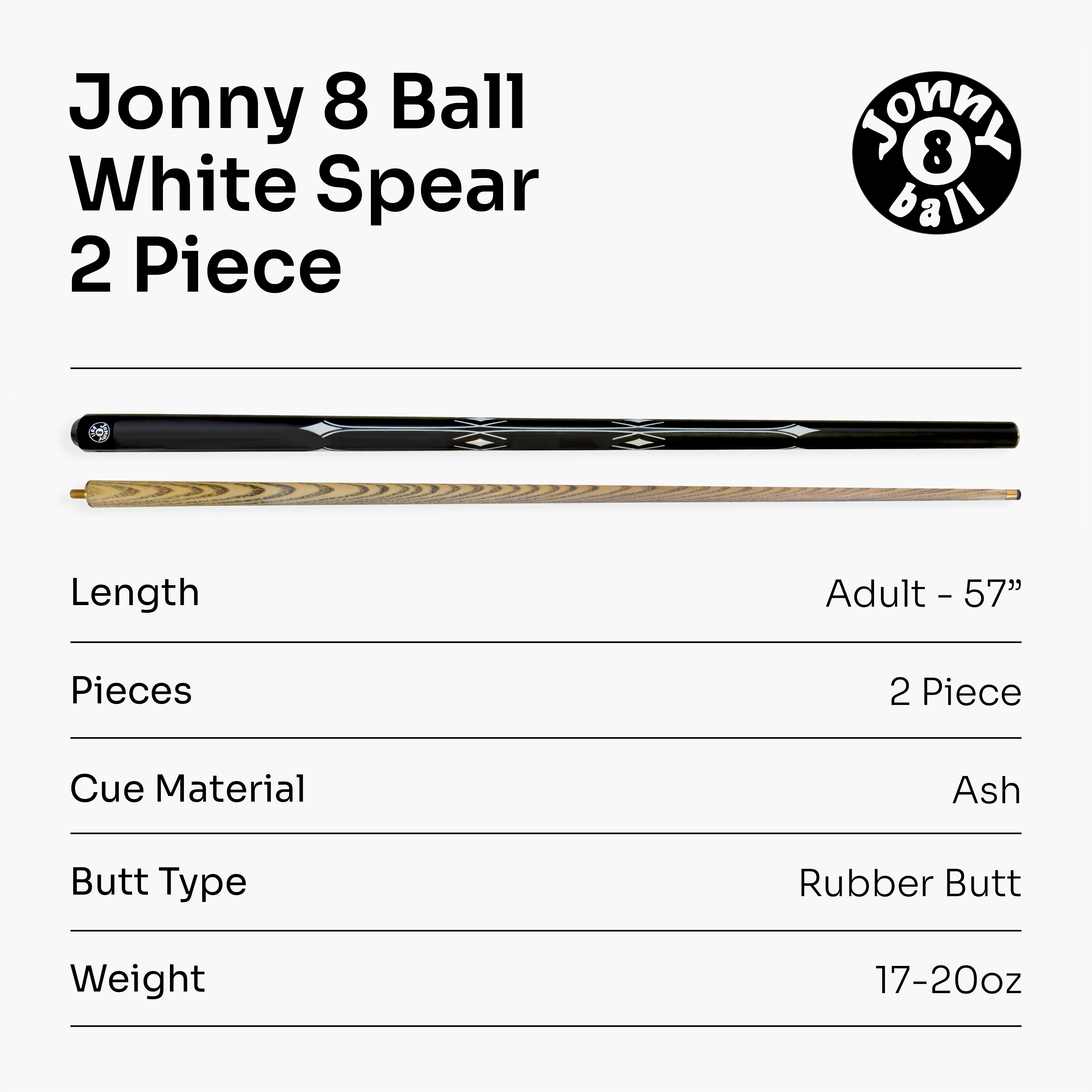 Jonny 8 Ball White Spear 57-inch 2-piece cue Cue + Case