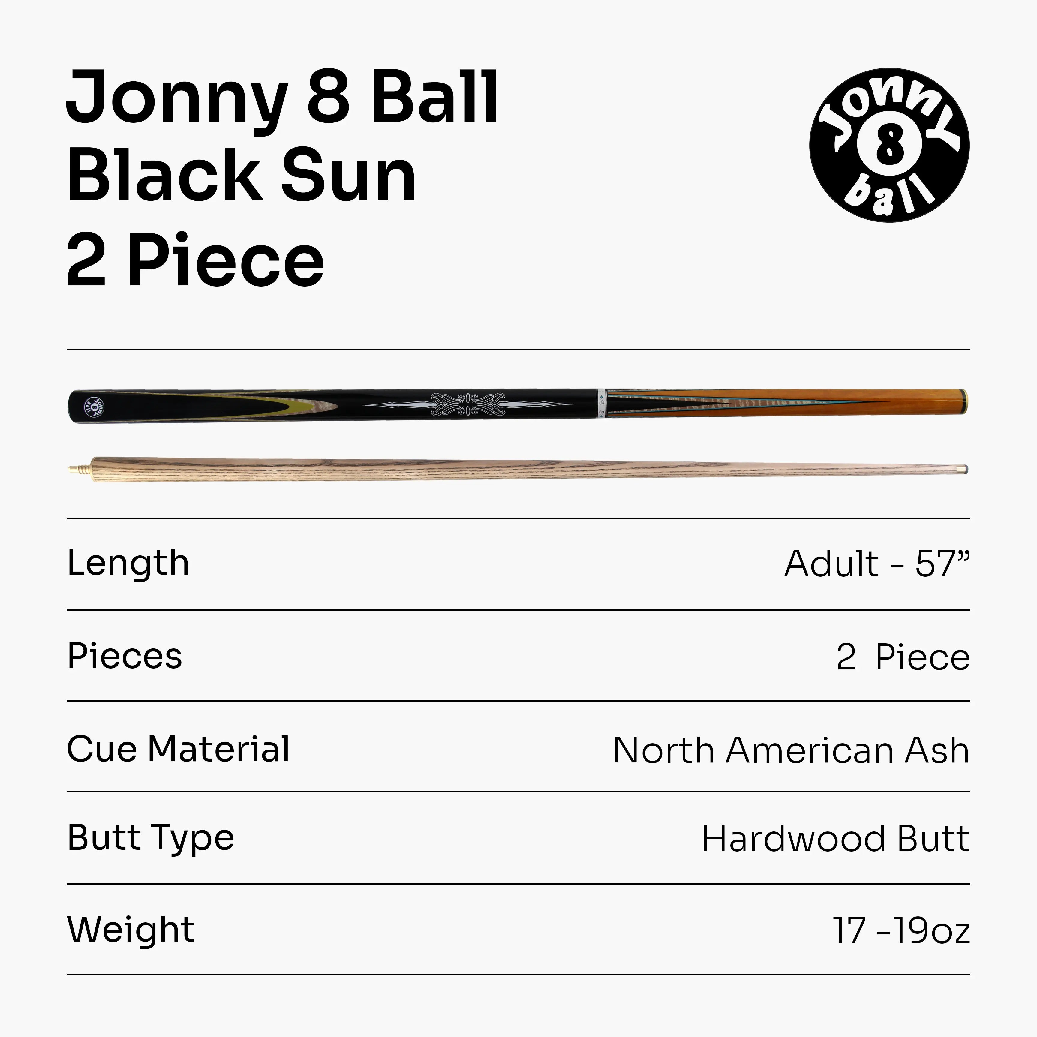 Jonny 8 Ball Black Sun 57-inch 2-piece pool cue Cue + Case