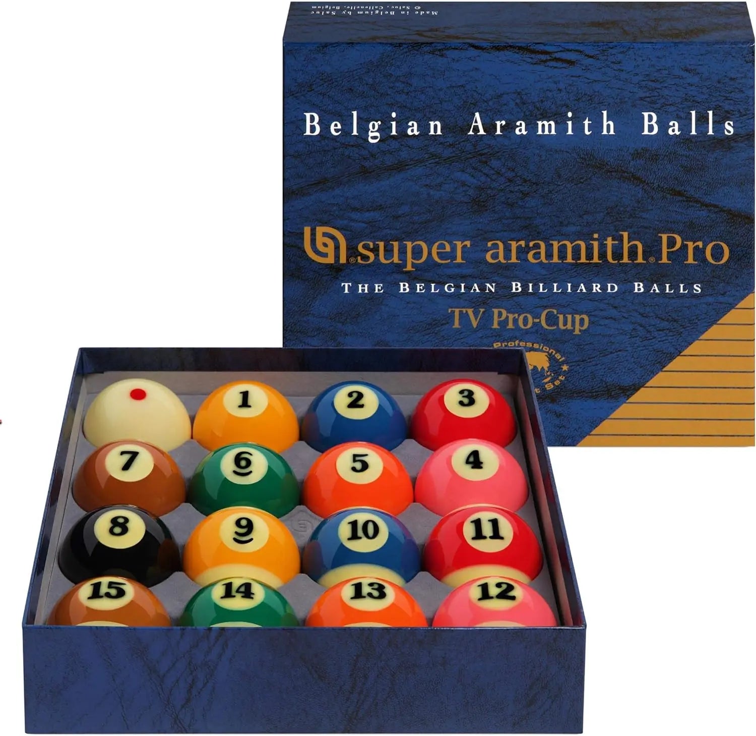 Super Aramith Pro Cup TV pool balls with spotted cue ball Cue + Case