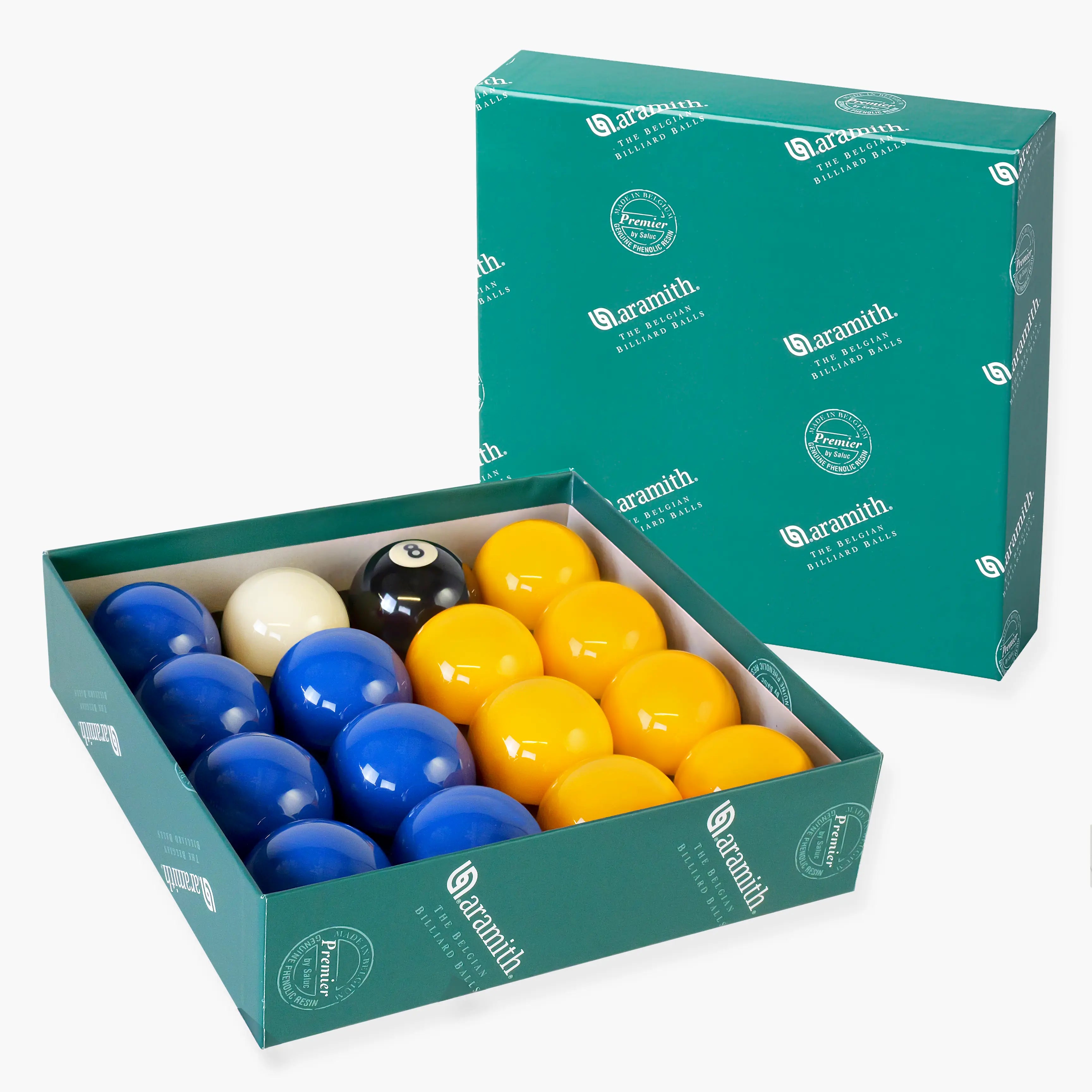 Aramith Premier blue and yellow 2-inch pool balls Cue + Case