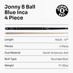 Jonny 8 Ball Blue Inca adjustable 4-piece pool cue Cue + Case