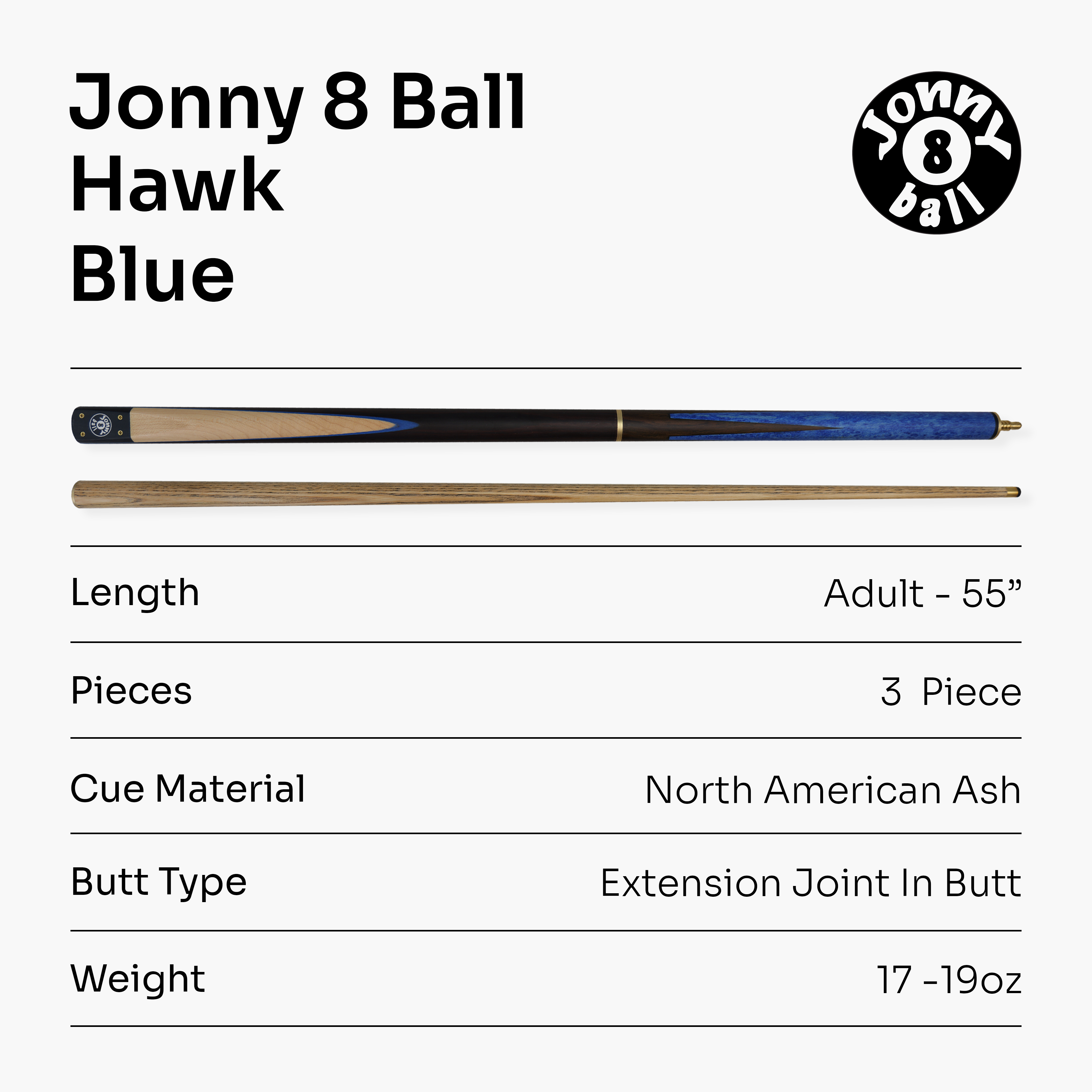 Jonny 8 Ball Hawk adjustable 3-piece pool cue Cue + Case