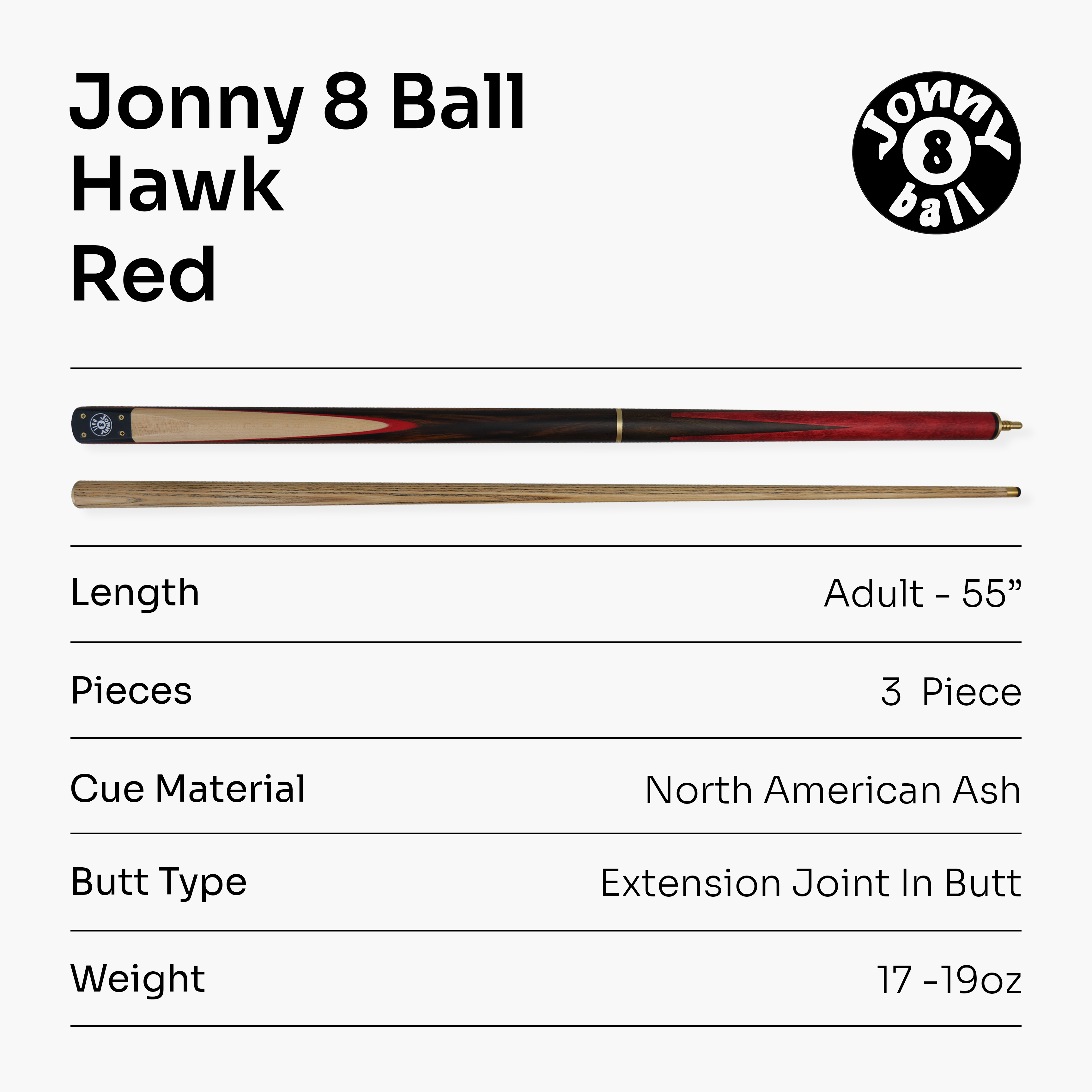Jonny 8 Ball Hawk adjustable 3-piece pool cue Cue + Case