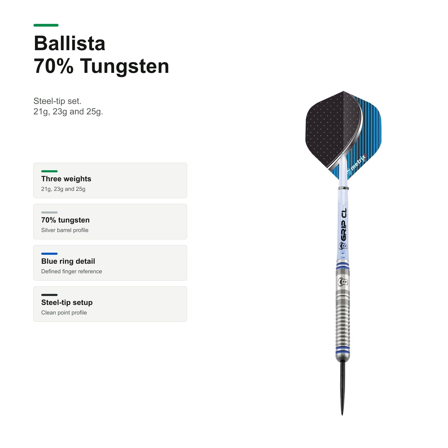 Bull's Ballista Steel dart 70% Tungsten product profile