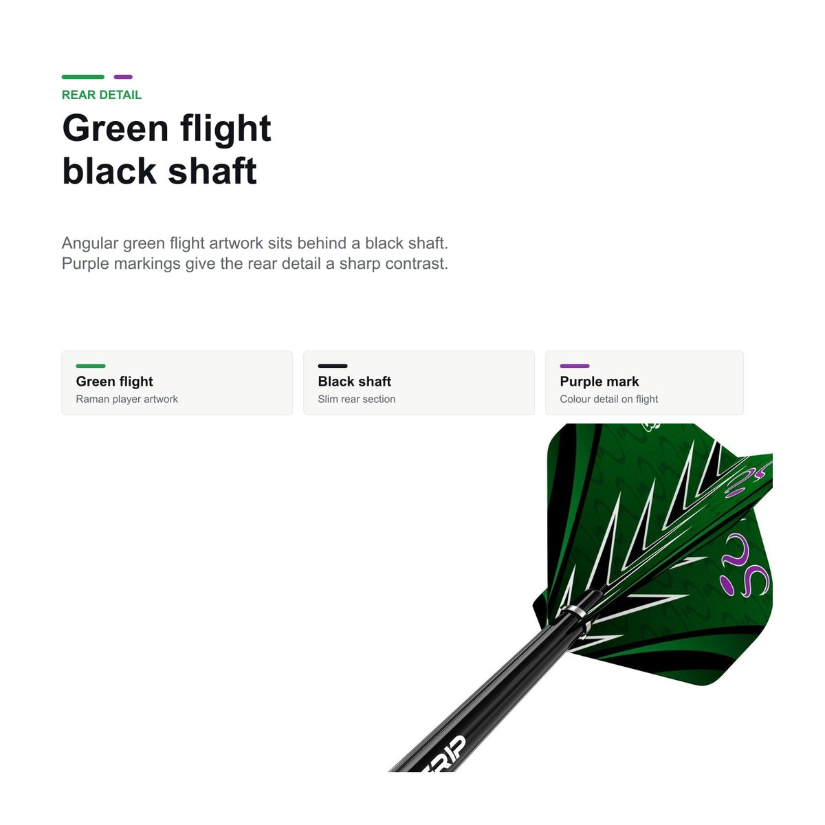 Bull's Brian Raman 90% green flight and black shaft detail
