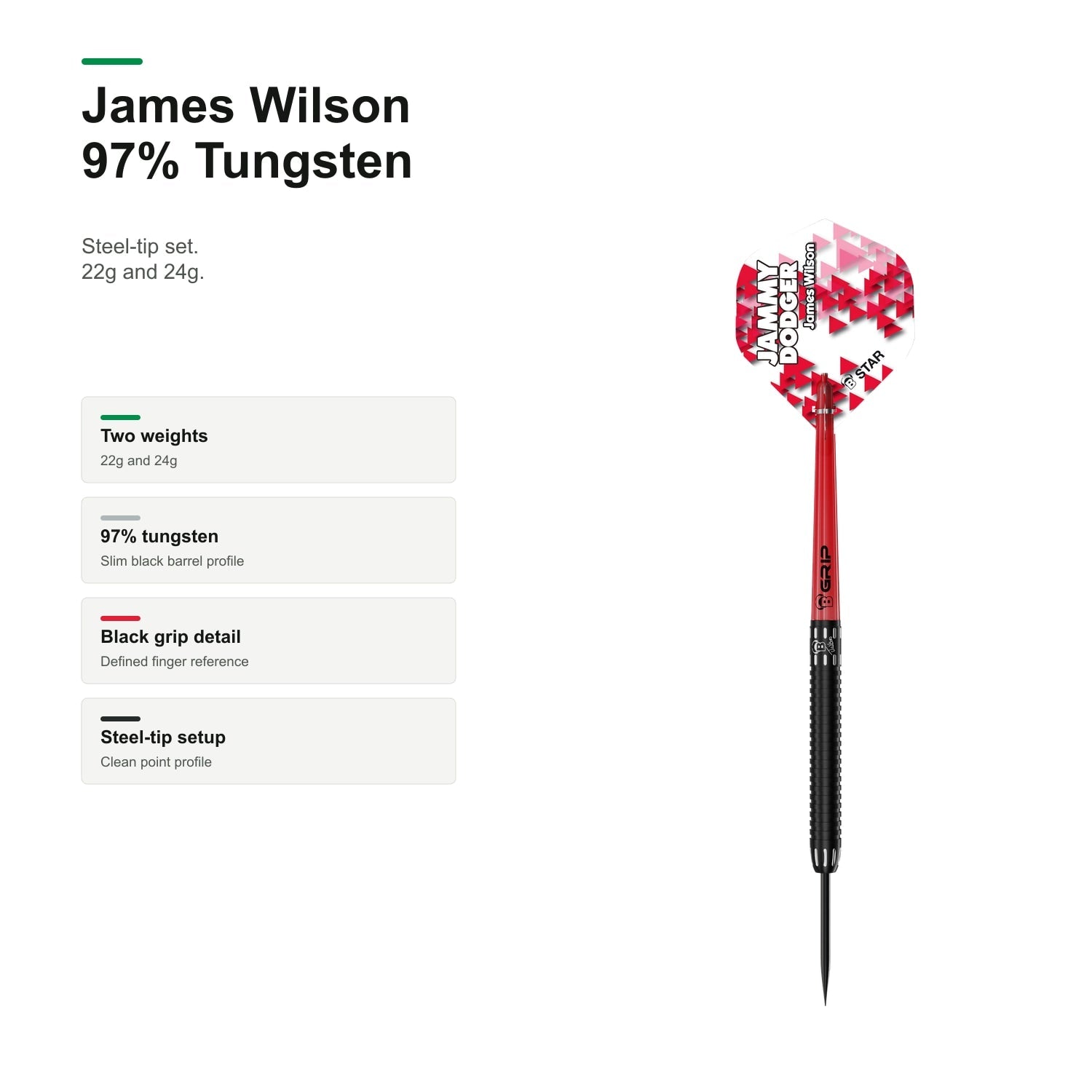 Bull's James Wilson Steel dart 97% Tungsten product profile