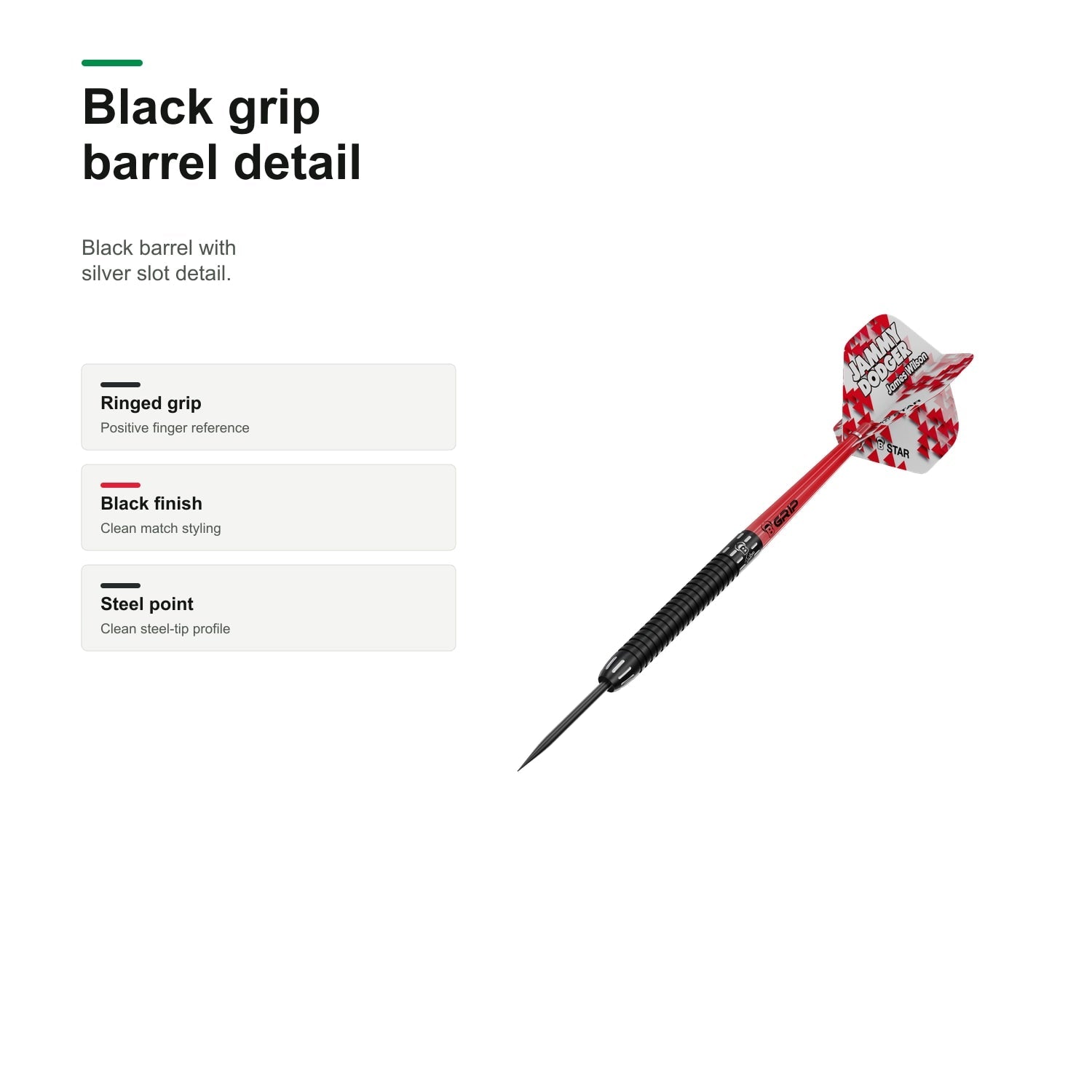 Bull's James Wilson Steel dart 97% Tungsten black grip detail