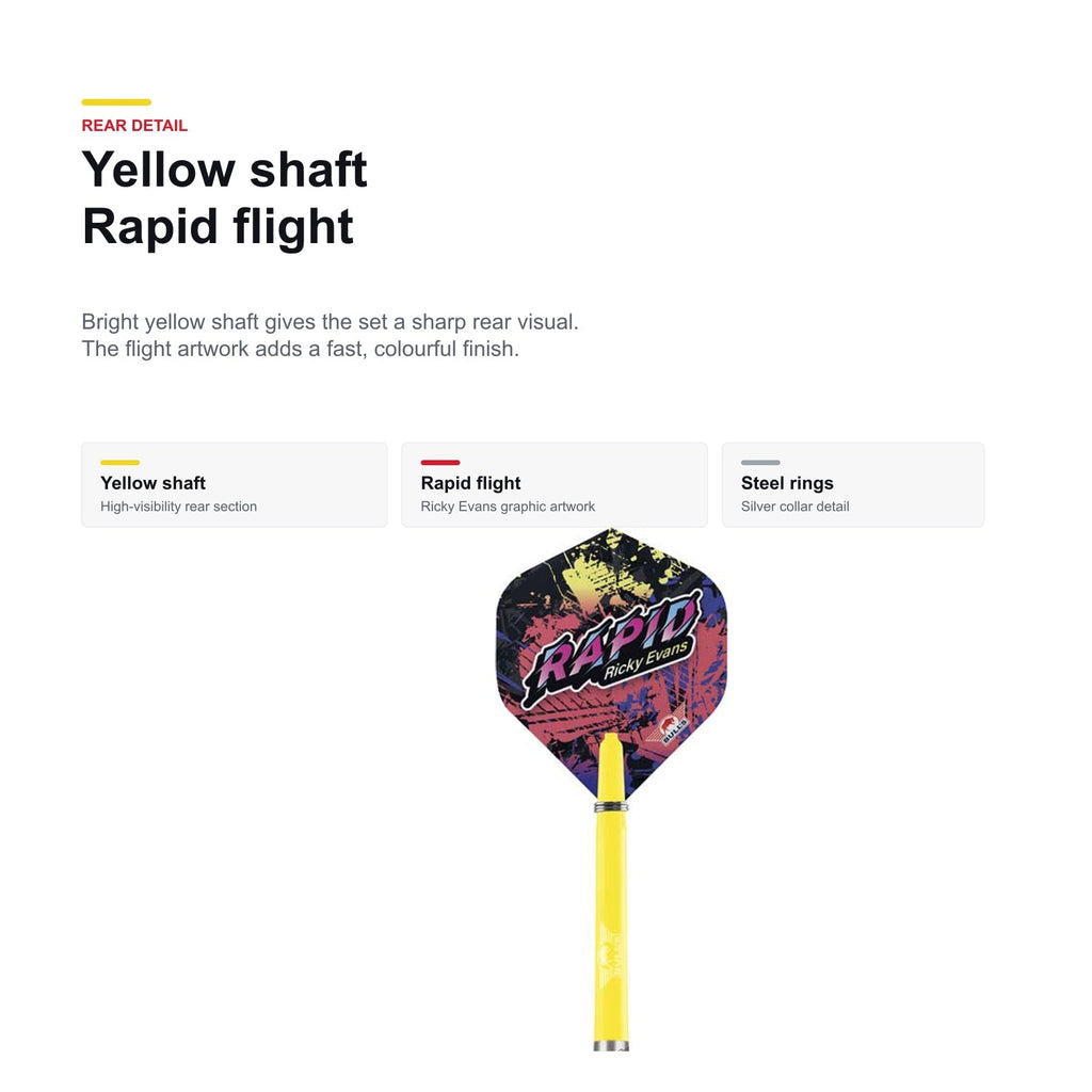 Bull's Ricky Evans 90% yellow shaft and flight detail