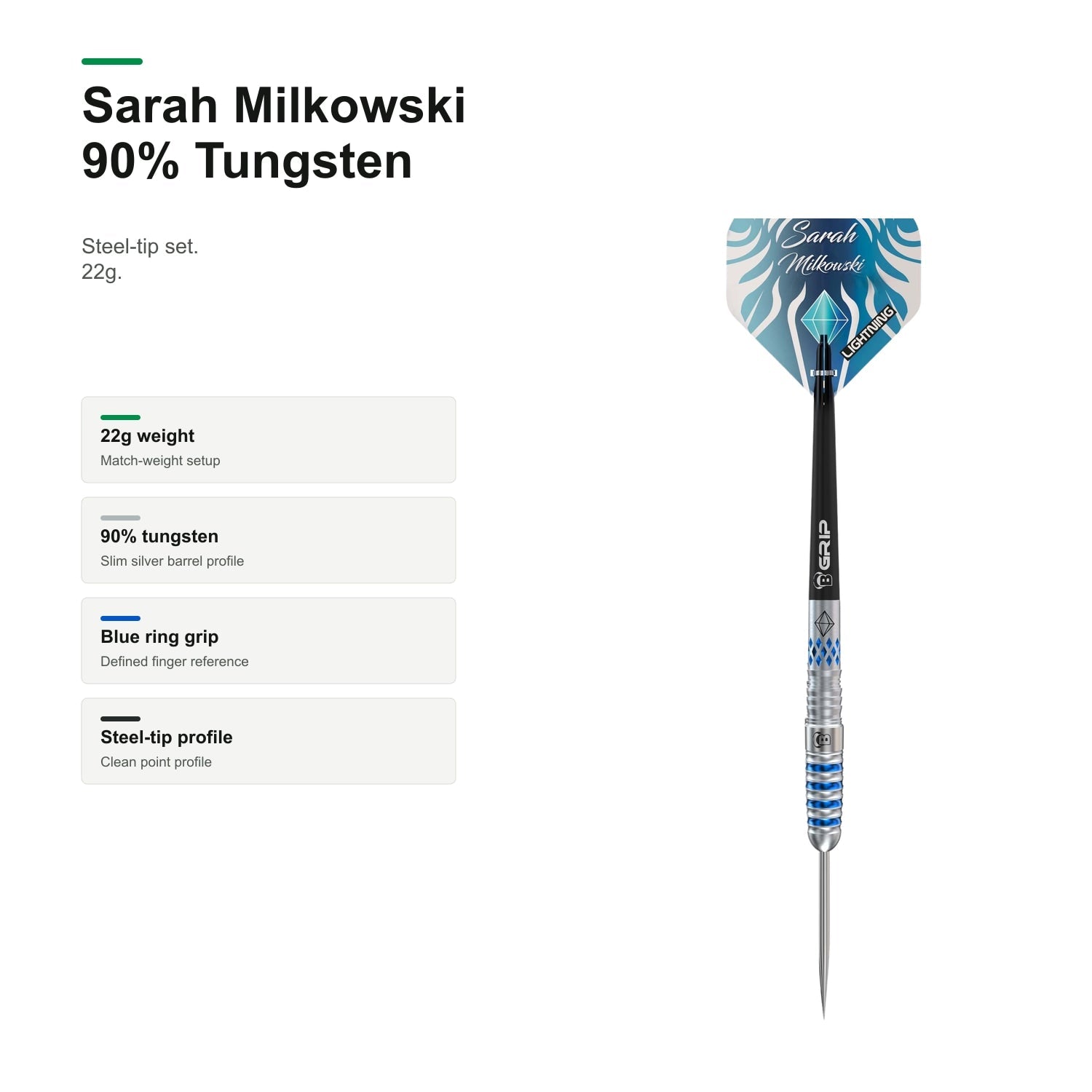 Bull's Sarah Milkowski Steel Darts 90% Tungsten product profile