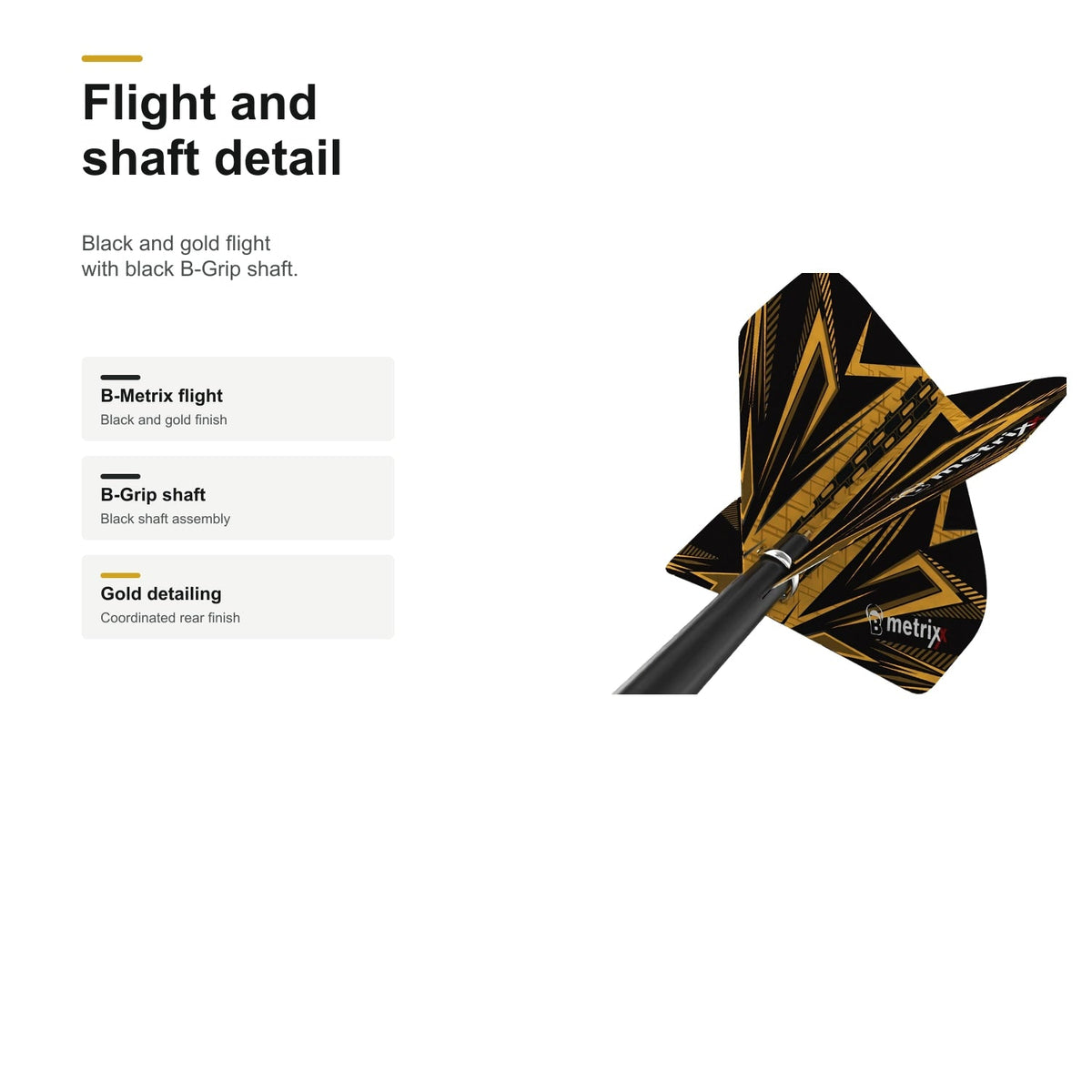 Bull's Stinger 90% Tungsten black and gold flight and shaft detail