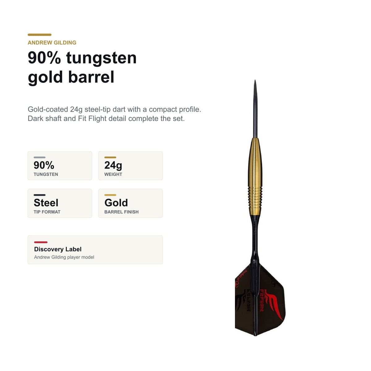 Cosmo Darts Andrew Gilding Discovery Label 90% tungsten gold profile