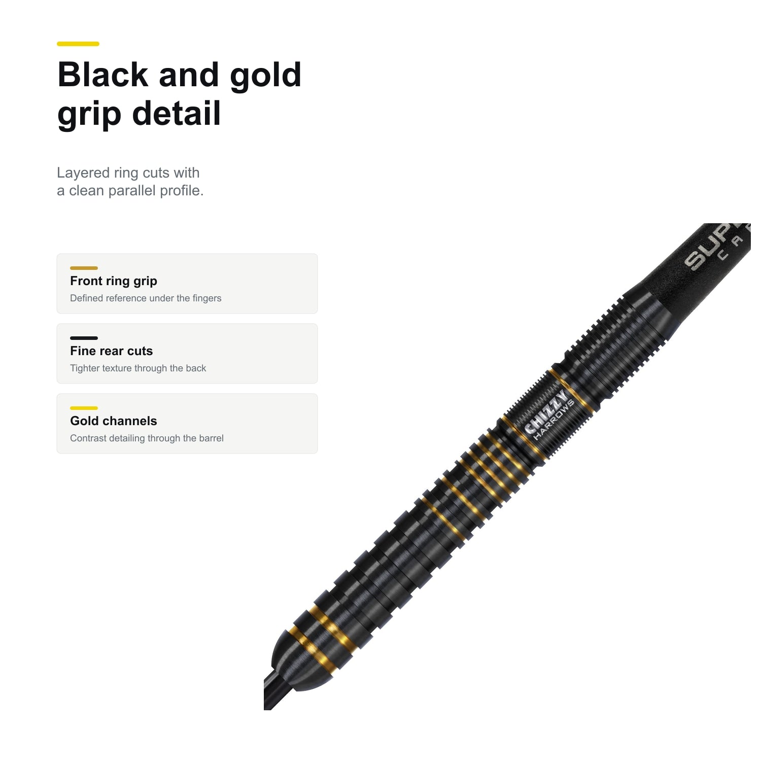 Harrows Chizzy Series 3 90% black and gold grip detail