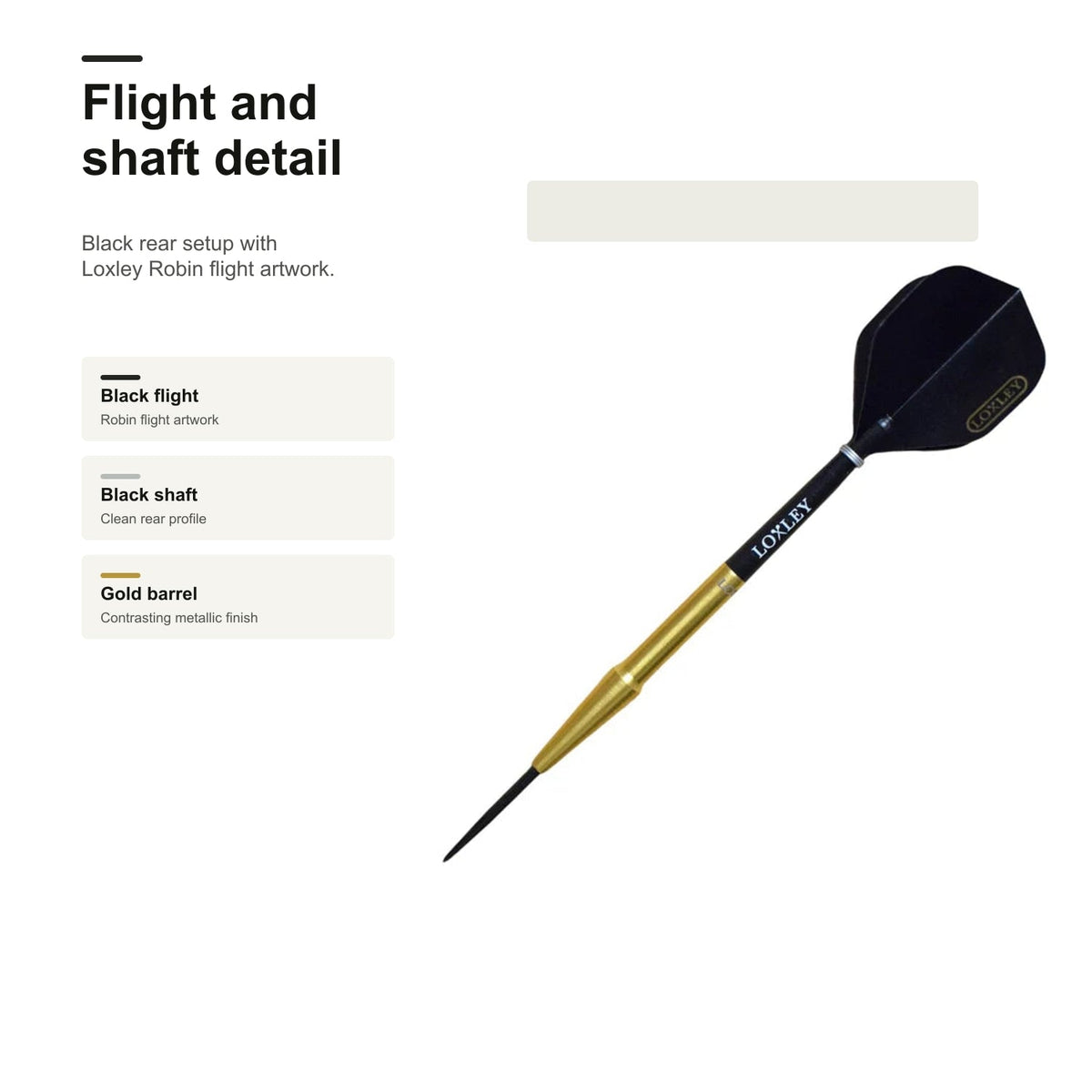 Loxley Robin Model I GOLD 90% darts - flight and shaft detail