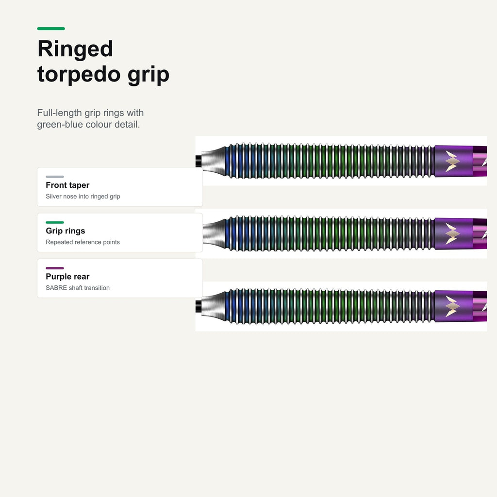 Mission John O'Shea 95% darts ringed torpedo grip detail