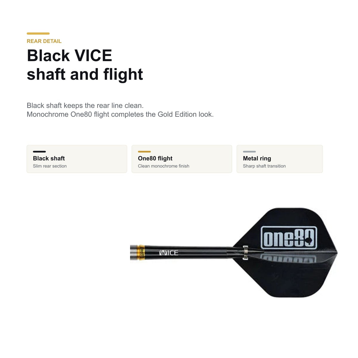 One80 Beau Greaves Gold Edition 90% black VICE shaft flight detail