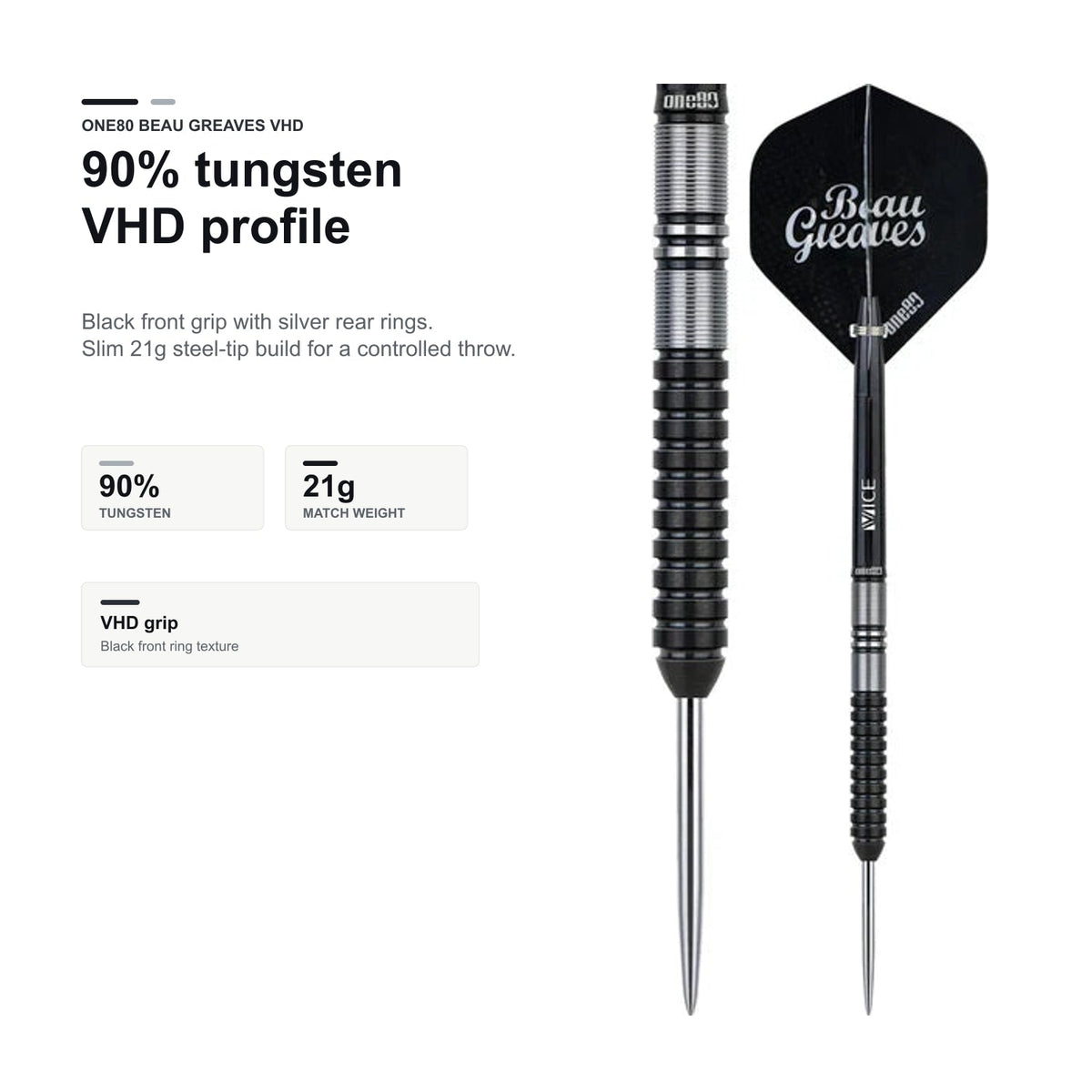 One80 Beau Greaves VHD Black Edition 90% tungsten VHD profile